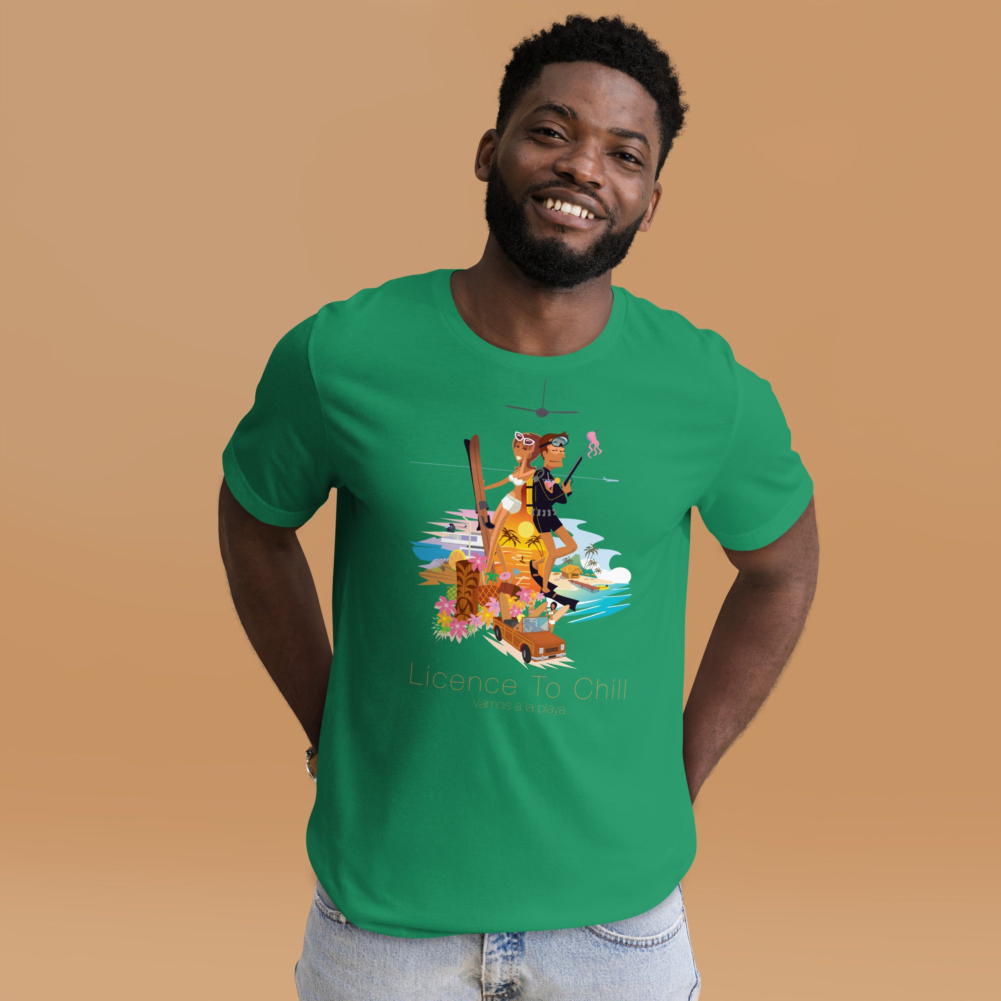 Unisex cotton t-shirt License to Chill Vamos a la Playa on Green