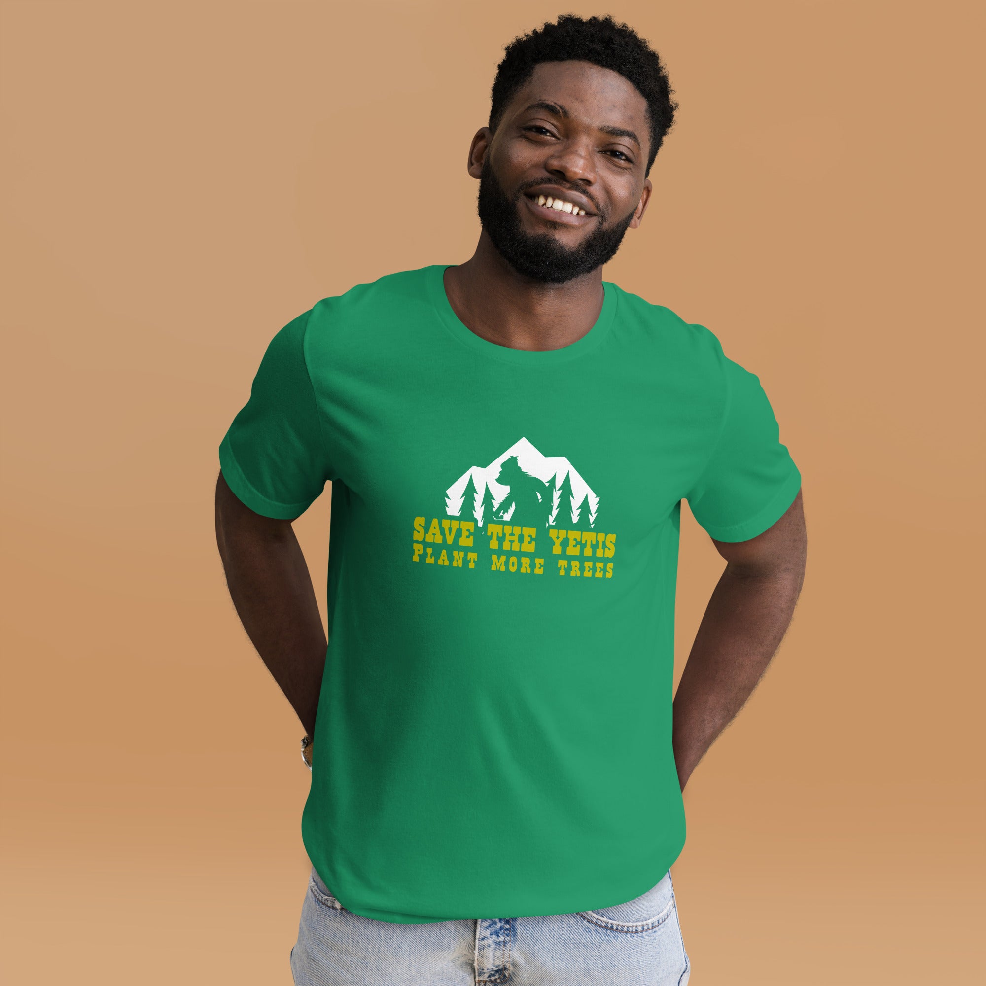 Unisex cotton t-shirt Save the Yetis Plant more Trees on Green (front & back)
