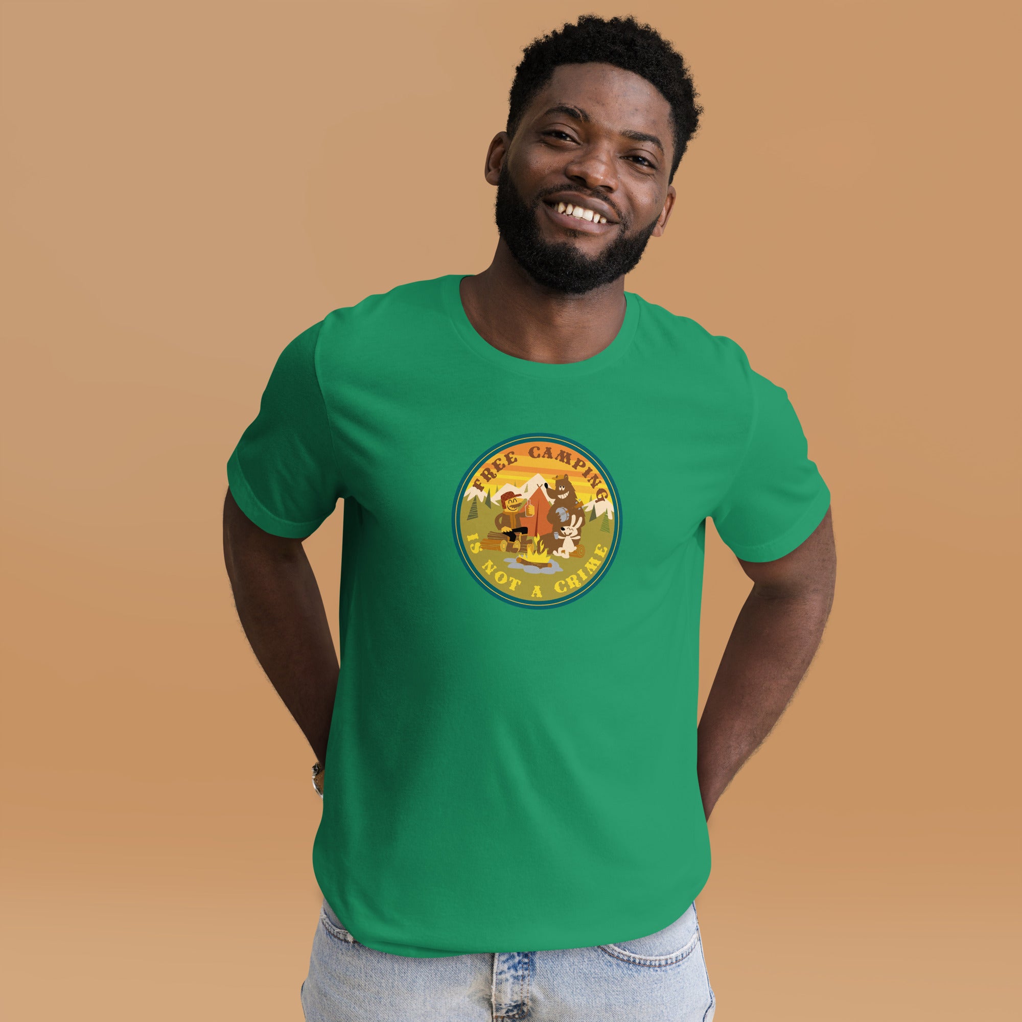 Unisex cotton t-shirt Free Camping is not a Crime on greens