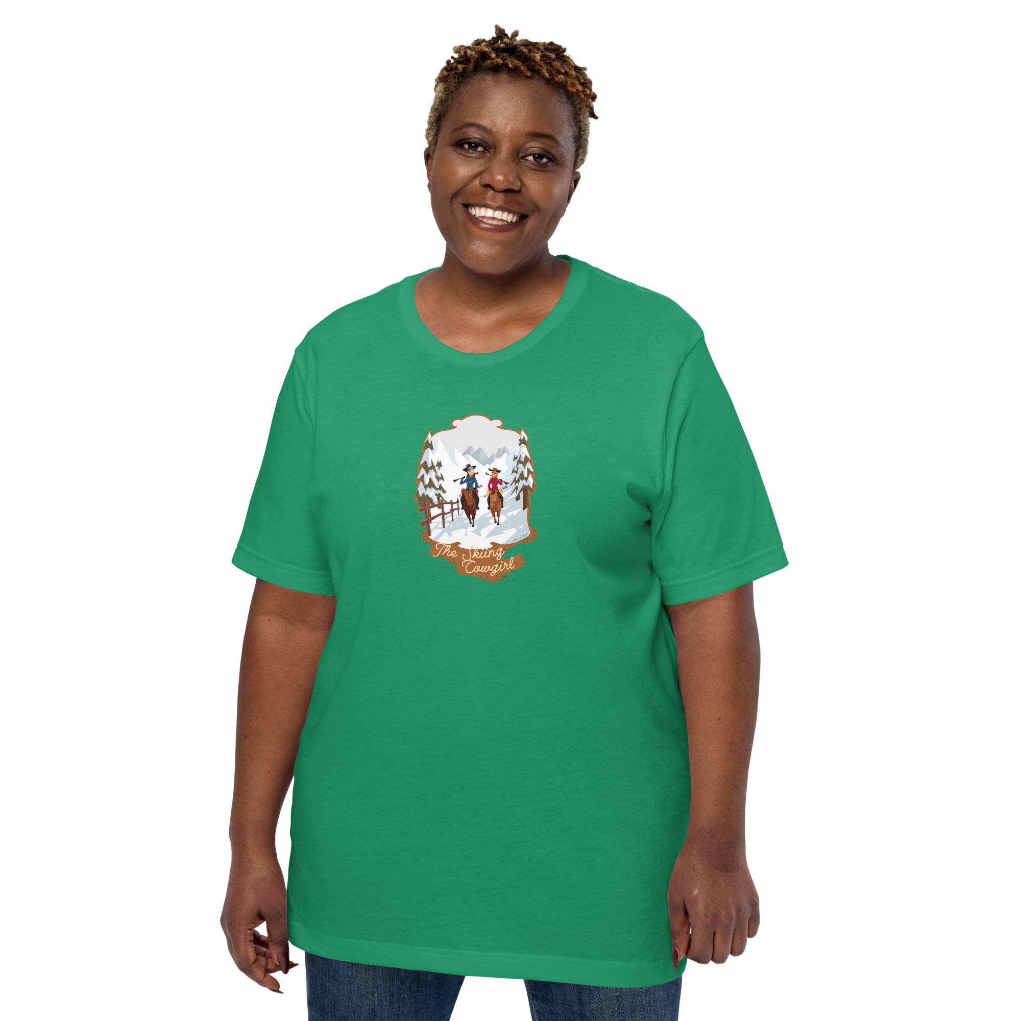 T-shirt en coton unisexe The Skiing Cowgirl sur couleurs foncées