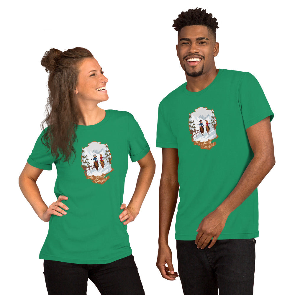 T-shirt en coton unisexe The Skiing Cowgirl sur couleurs foncées