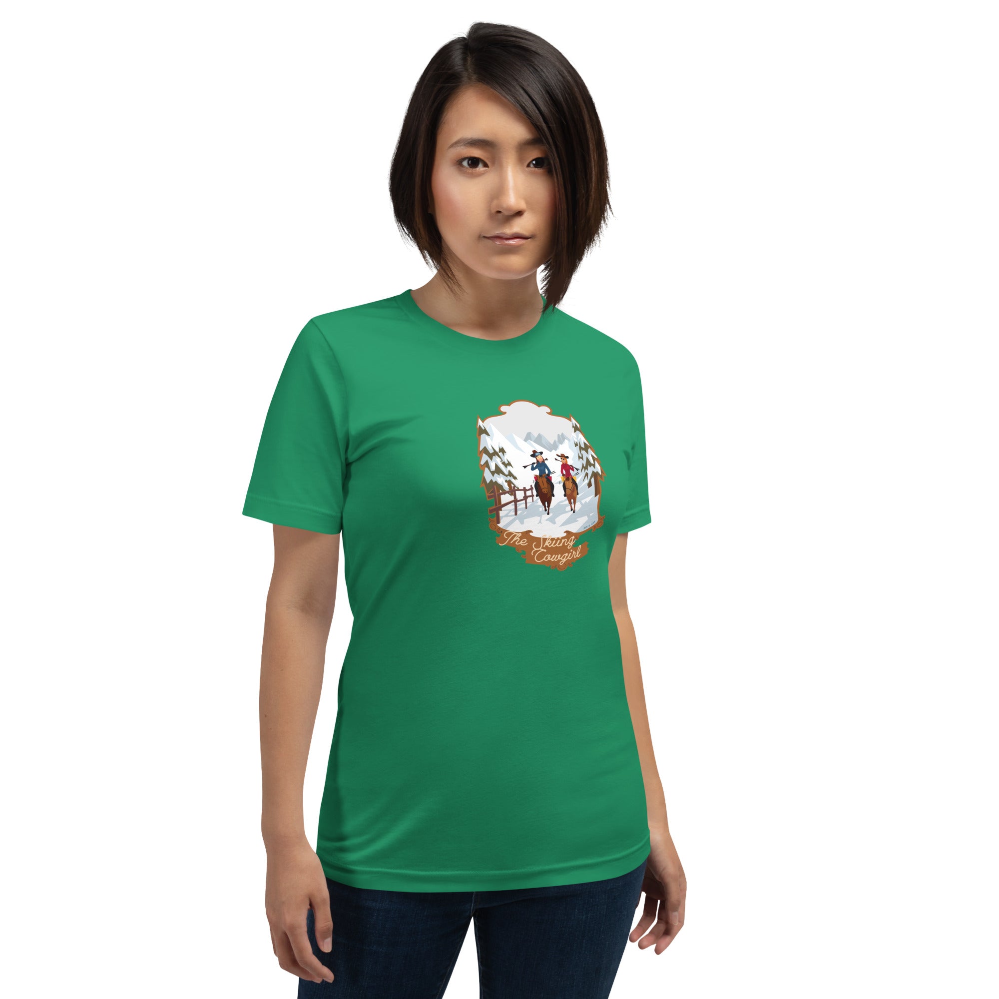 T-shirt en coton unisexe The Skiing Cowgirl sur couleurs foncées