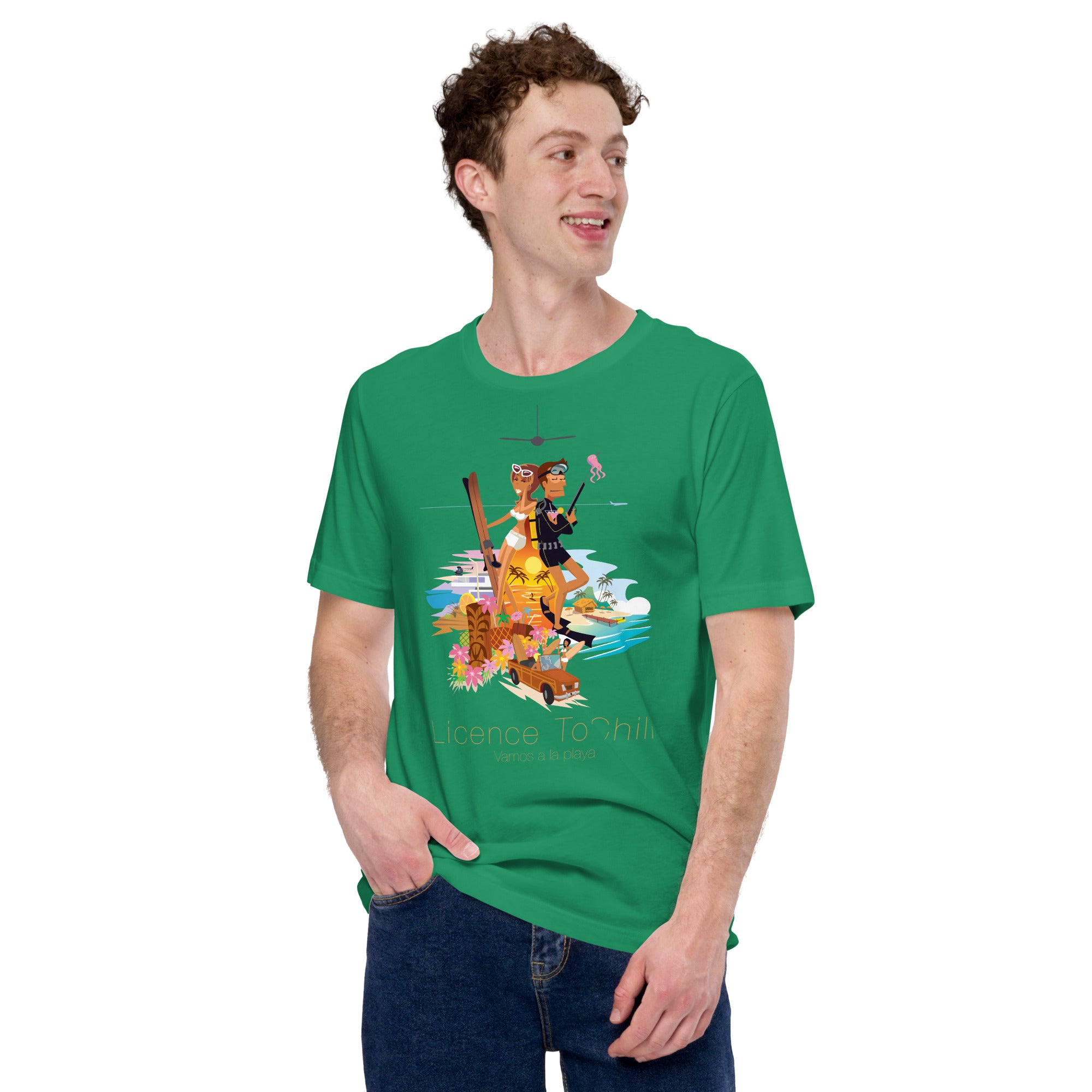 Unisex cotton t-shirt License to Chill Vamos a la Playa on Green