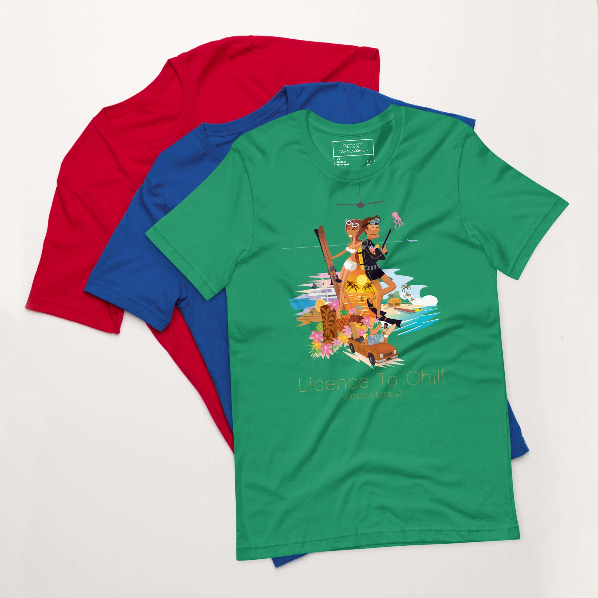 Unisex cotton t-shirt License to Chill Vamos a la Playa on Green