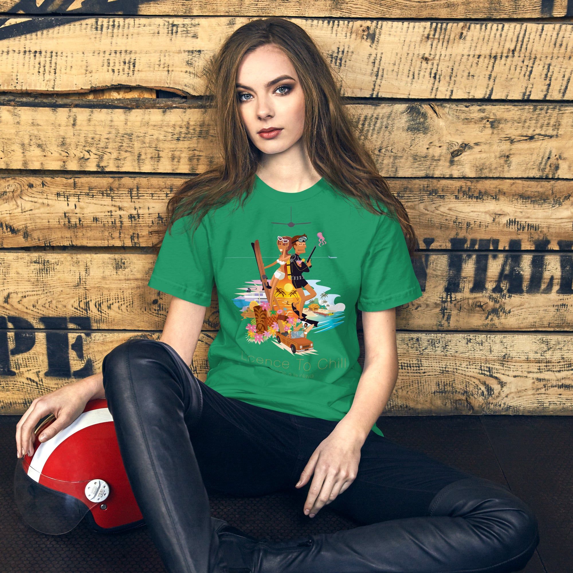 Unisex cotton t-shirt License to Chill Vamos a la Playa on Green