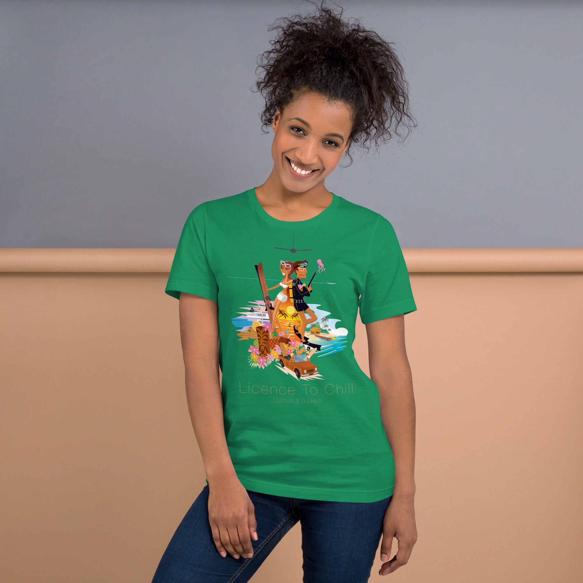 Unisex cotton t-shirt License to Chill Vamos a la Playa on Green