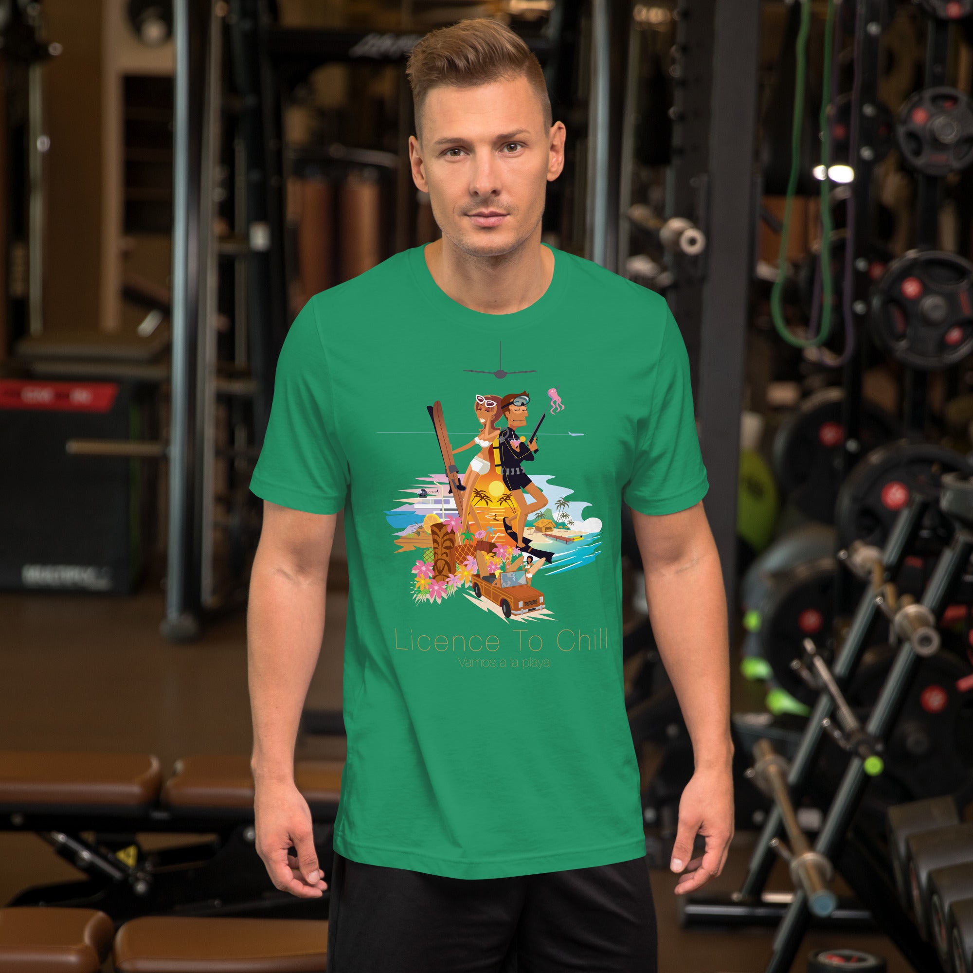 Unisex cotton t-shirt License to Chill Vamos a la Playa on Green