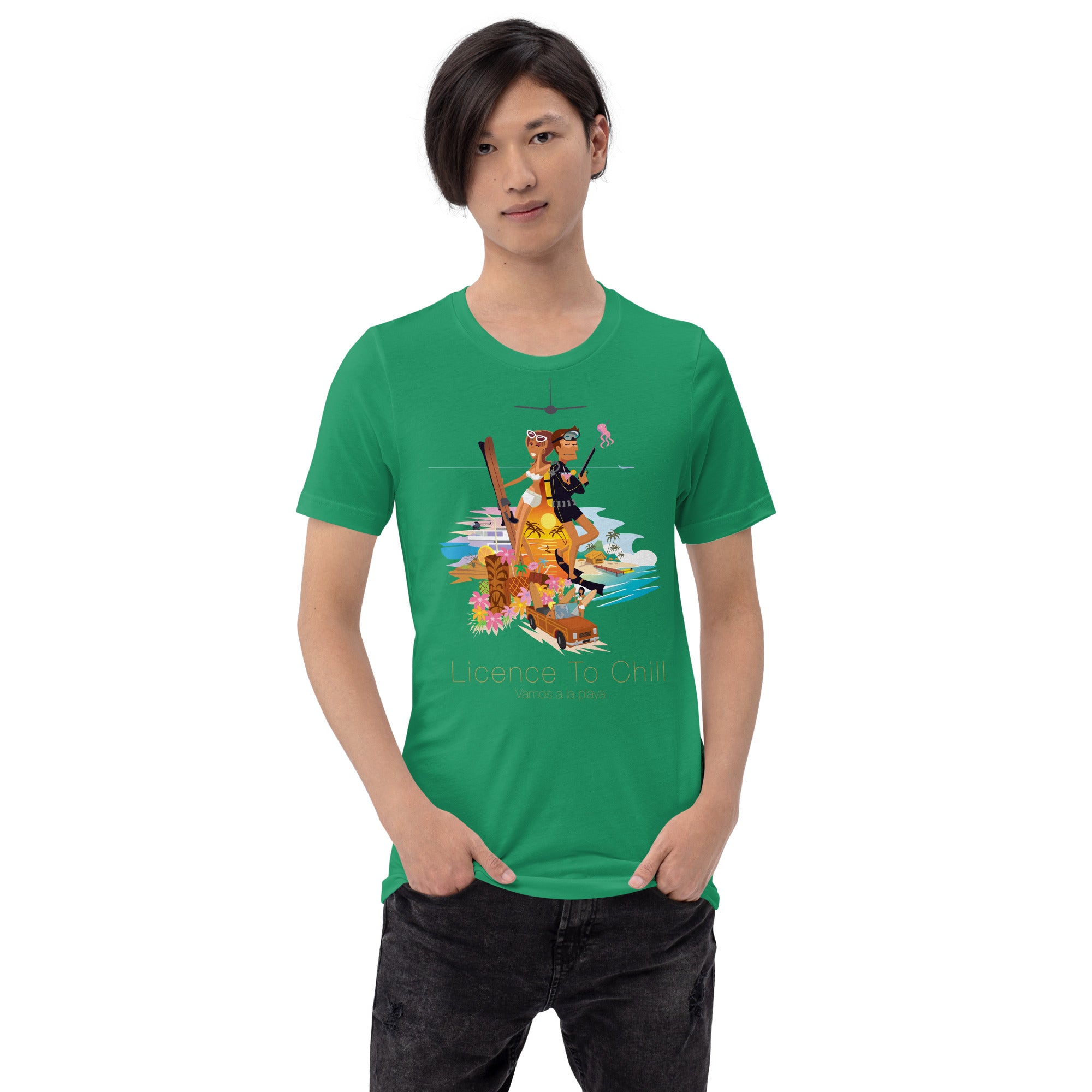Unisex cotton t-shirt License to Chill Vamos a la Playa on Green