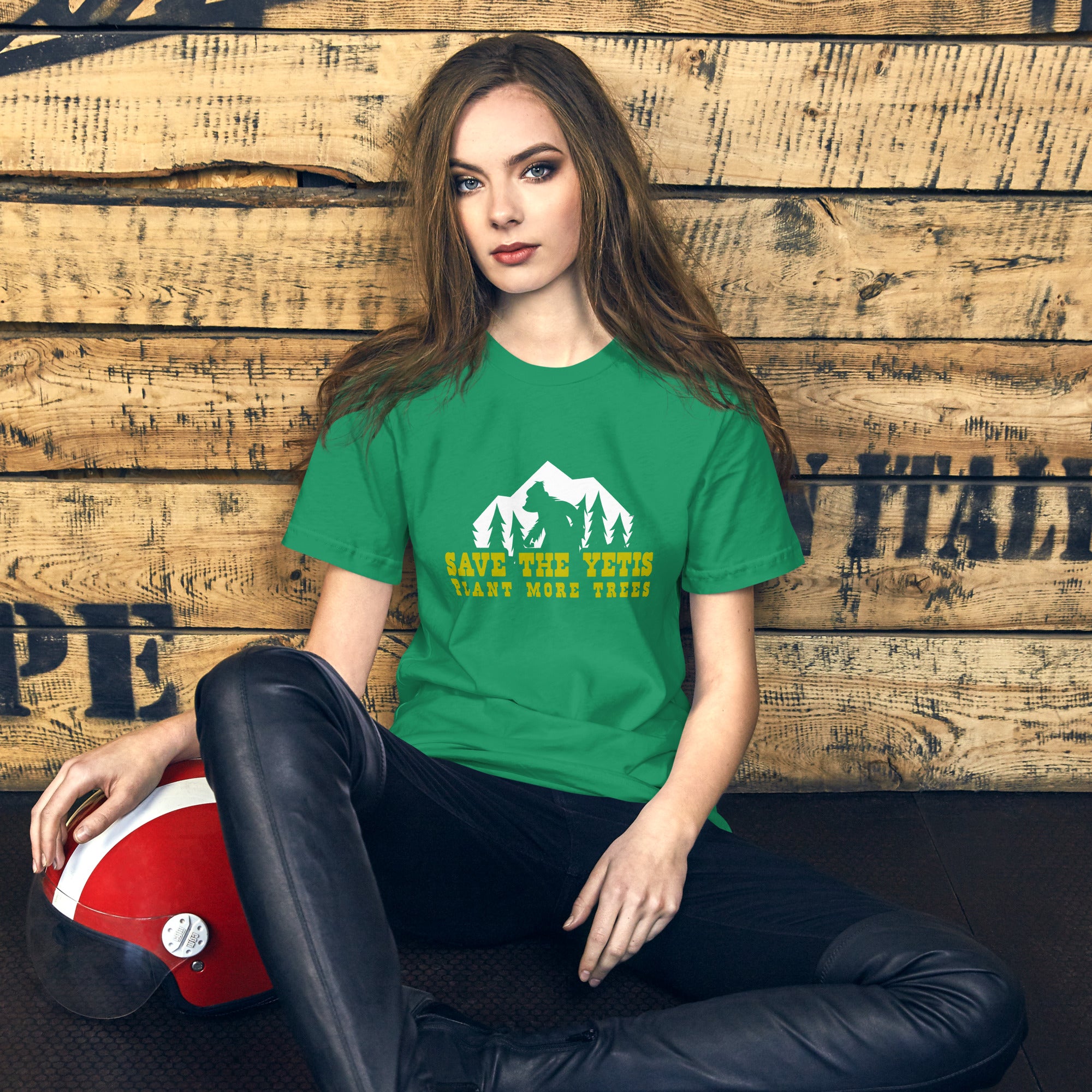 Unisex cotton t-shirt Save the Yetis Plant more Trees on Green (front & back)