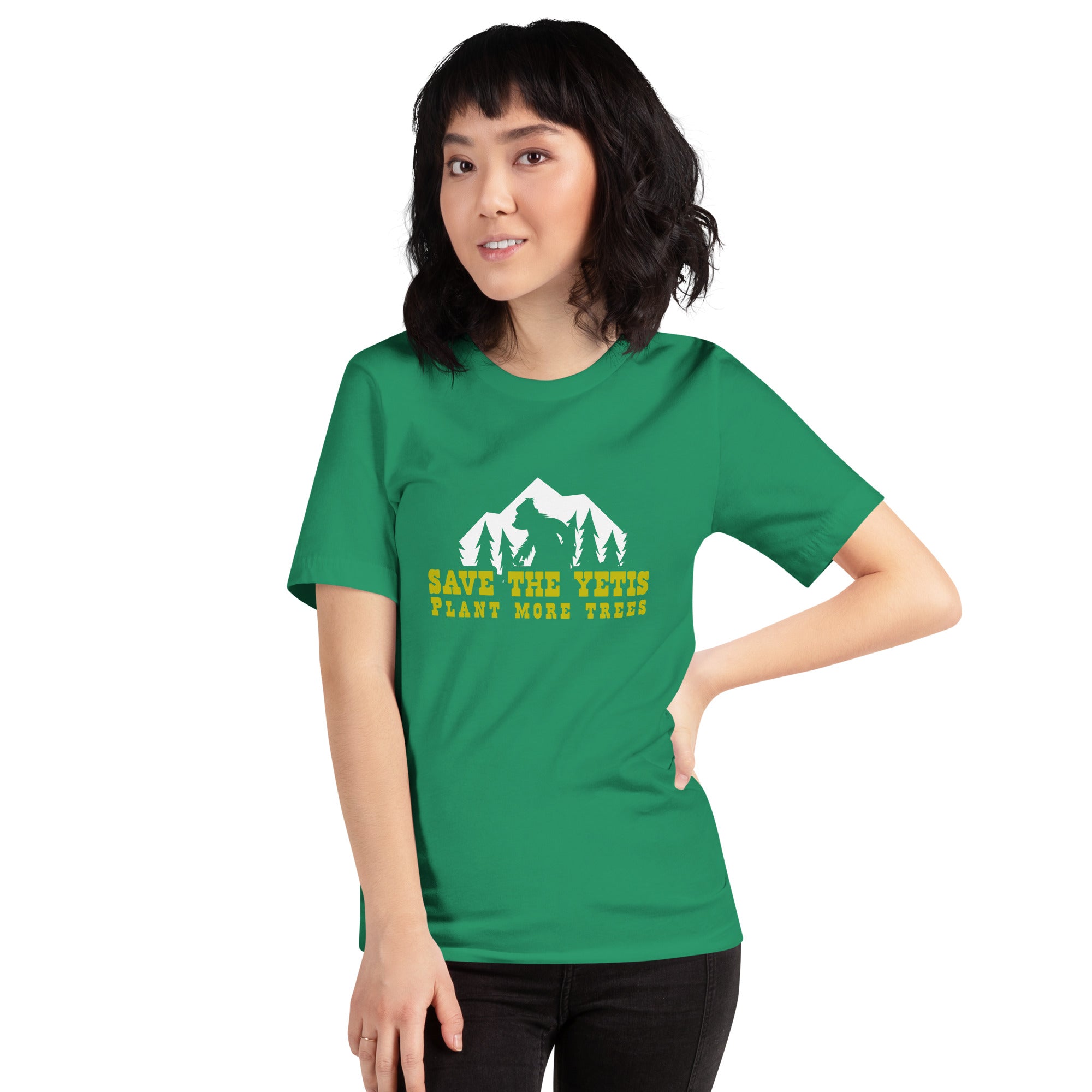 Unisex cotton t-shirt Save the Yetis Plant more Trees on Green (front & back)