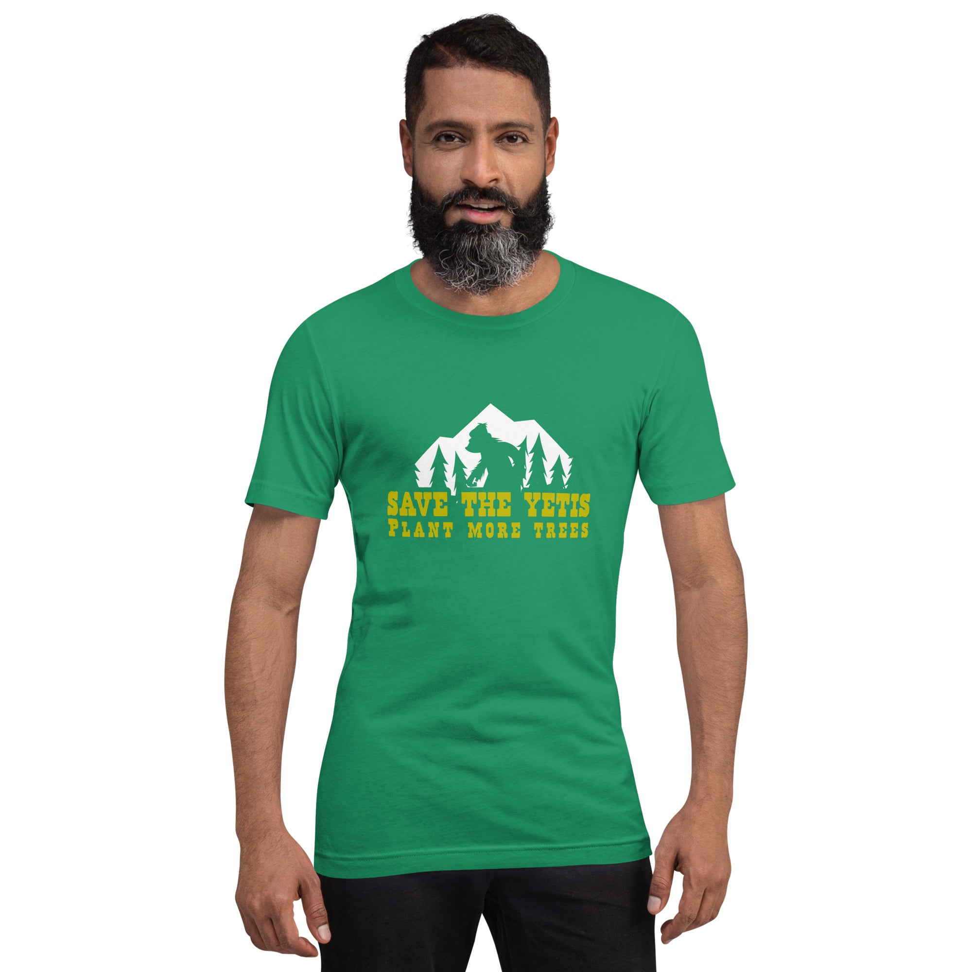 Unisex cotton t-shirt Save the Yetis Plant more Trees on Green (front & back)