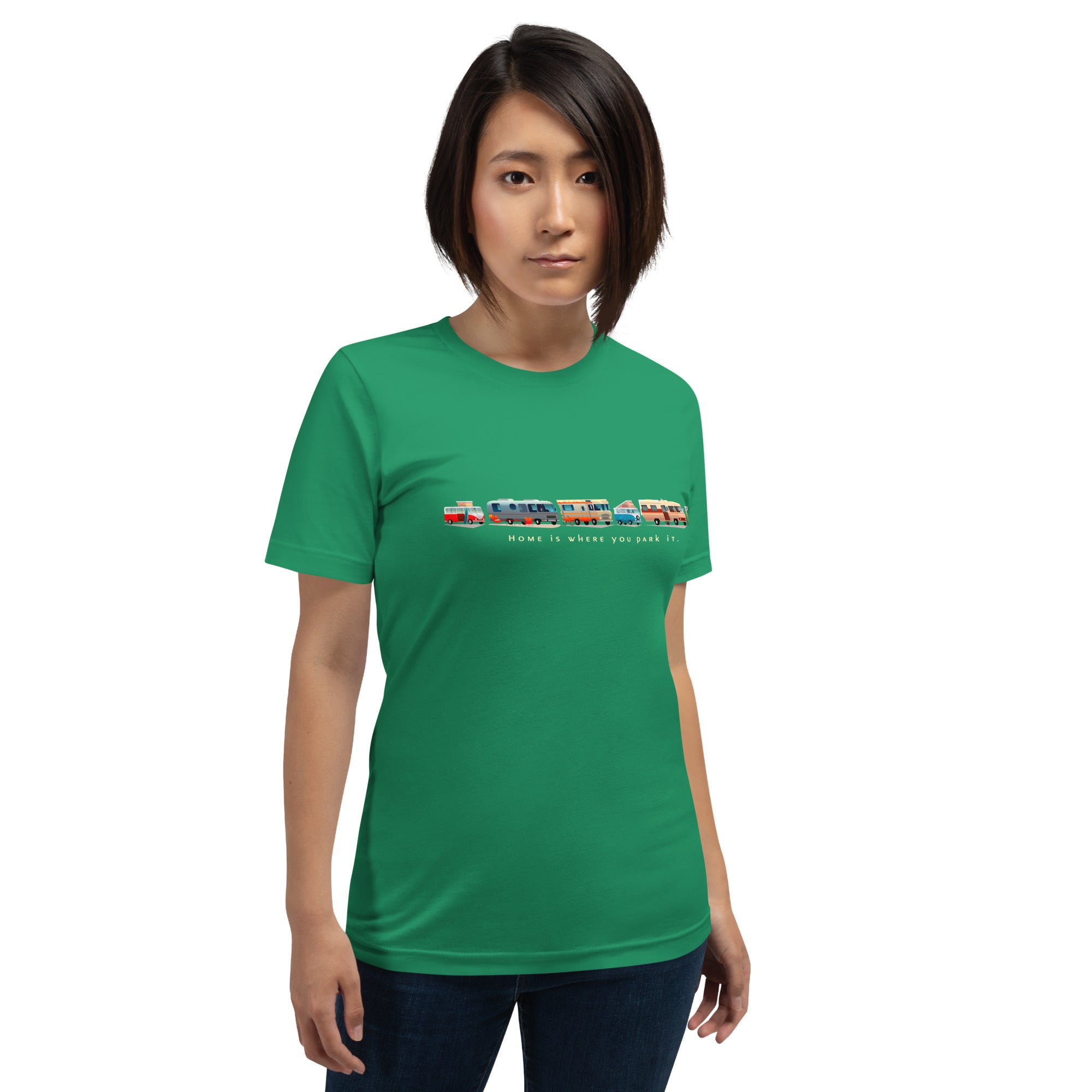 Unisex cotton t-shirt Vintage Campers: Home is where you park it on green