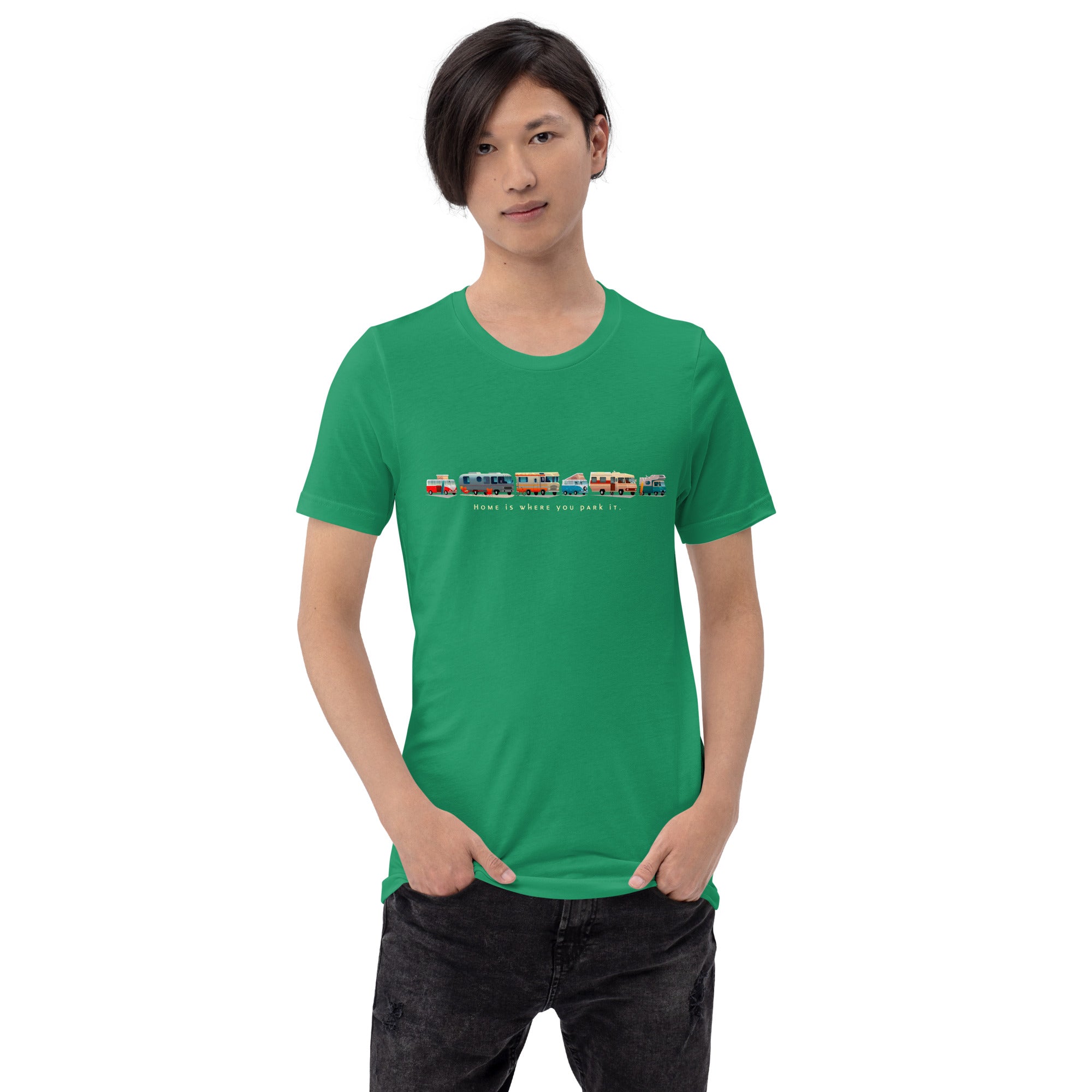 Unisex cotton t-shirt Vintage Campers: Home is where you park it on green