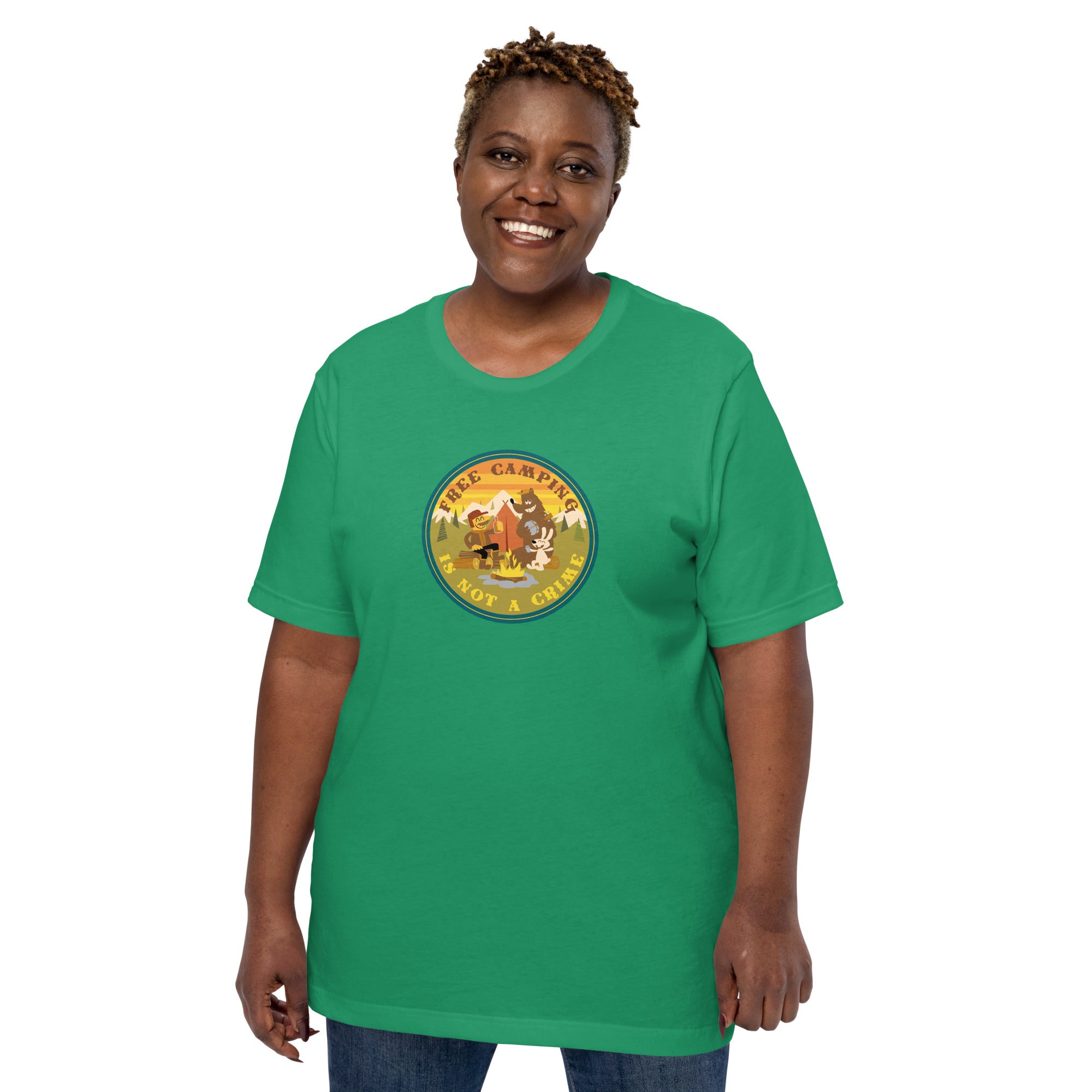 Unisex cotton t-shirt Free Camping is not a Crime on greens