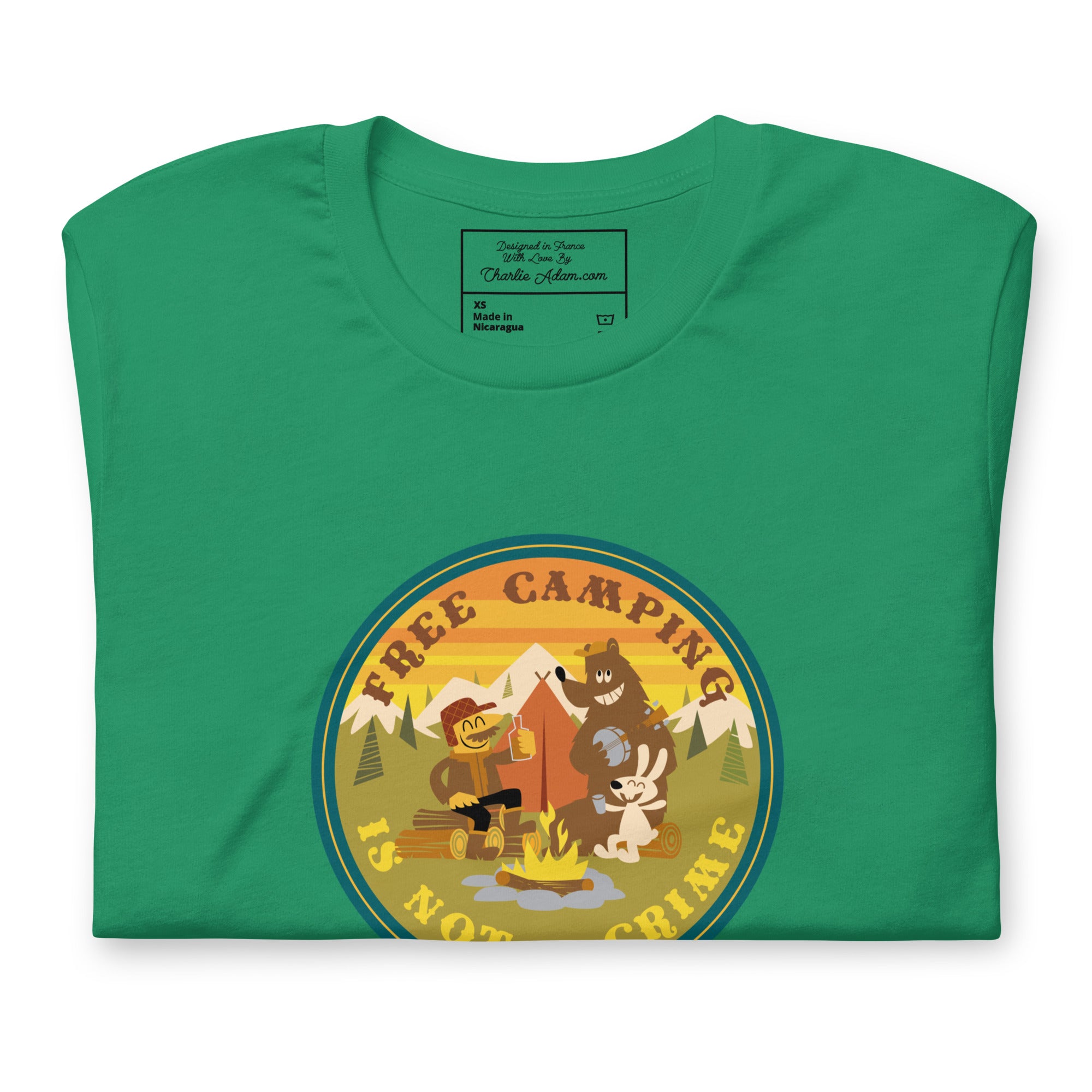 Unisex cotton t-shirt Free Camping is not a Crime on greens