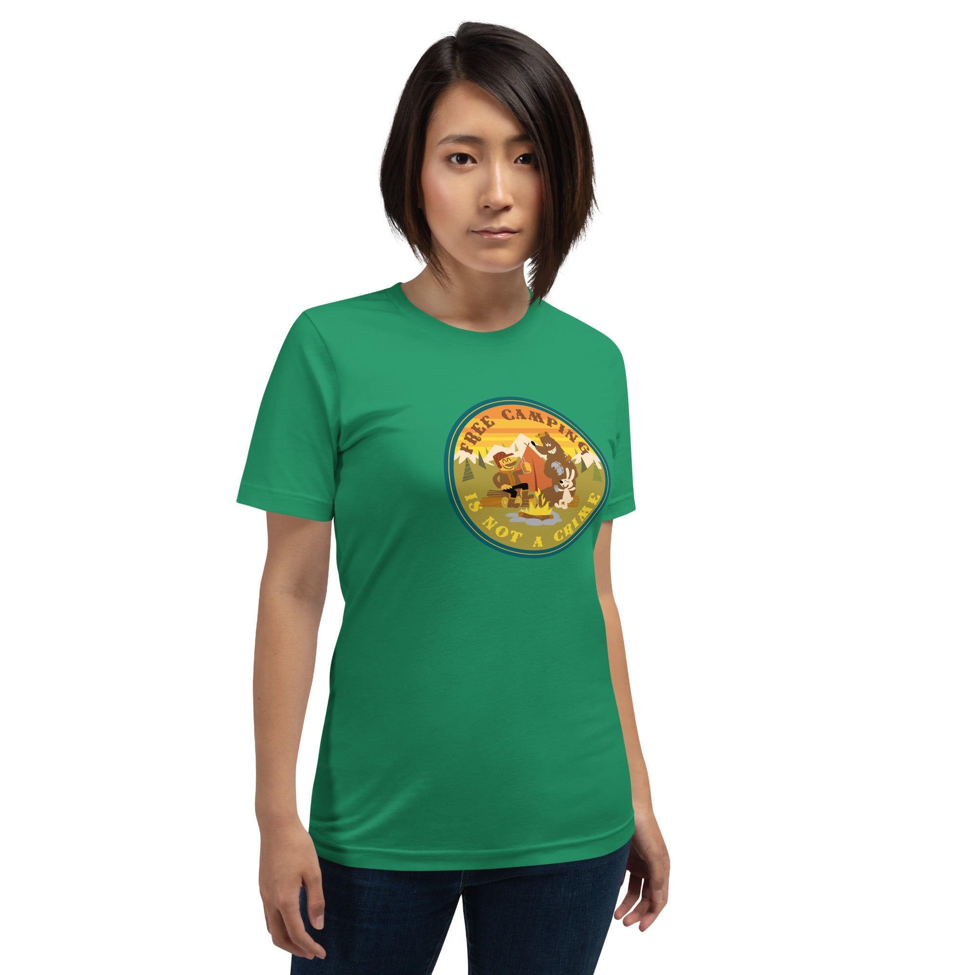 Unisex cotton t-shirt Free Camping is not a Crime on greens