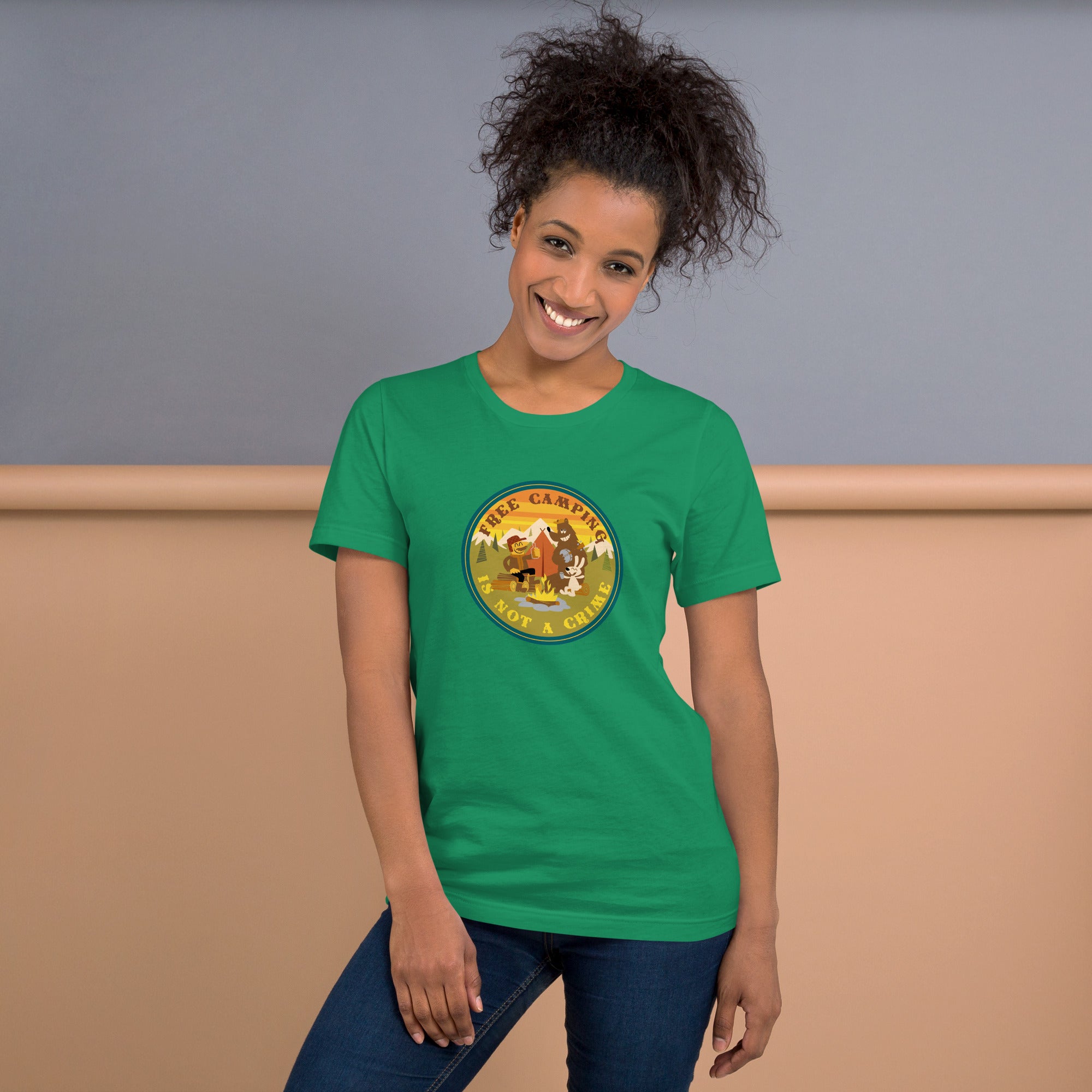Unisex cotton t-shirt Free Camping is not a Crime on greens
