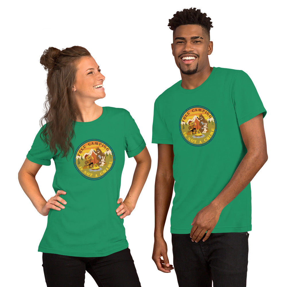 Unisex cotton t-shirt Free Camping is not a Crime on greens