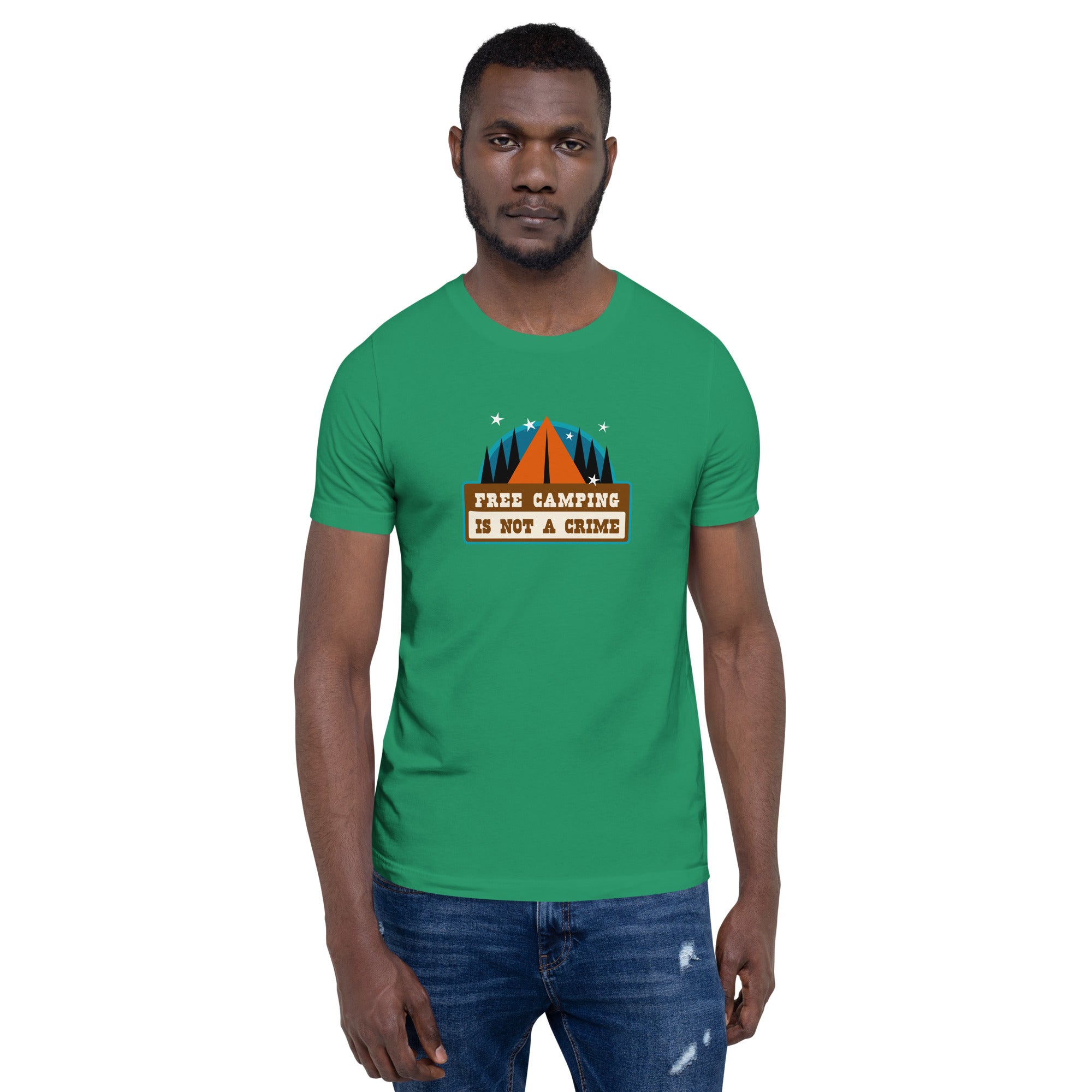 Unisex cotton t-shirt Free Camping is not a Crime on greens