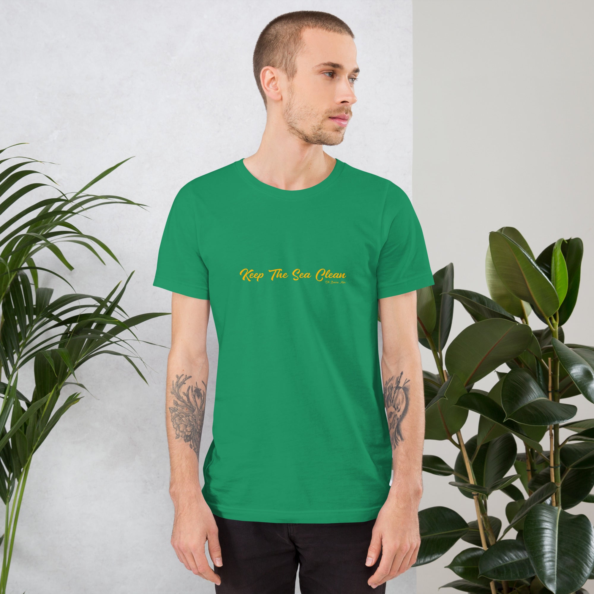 Unisex cotton t-shirt Keep The Sea Clean on greens