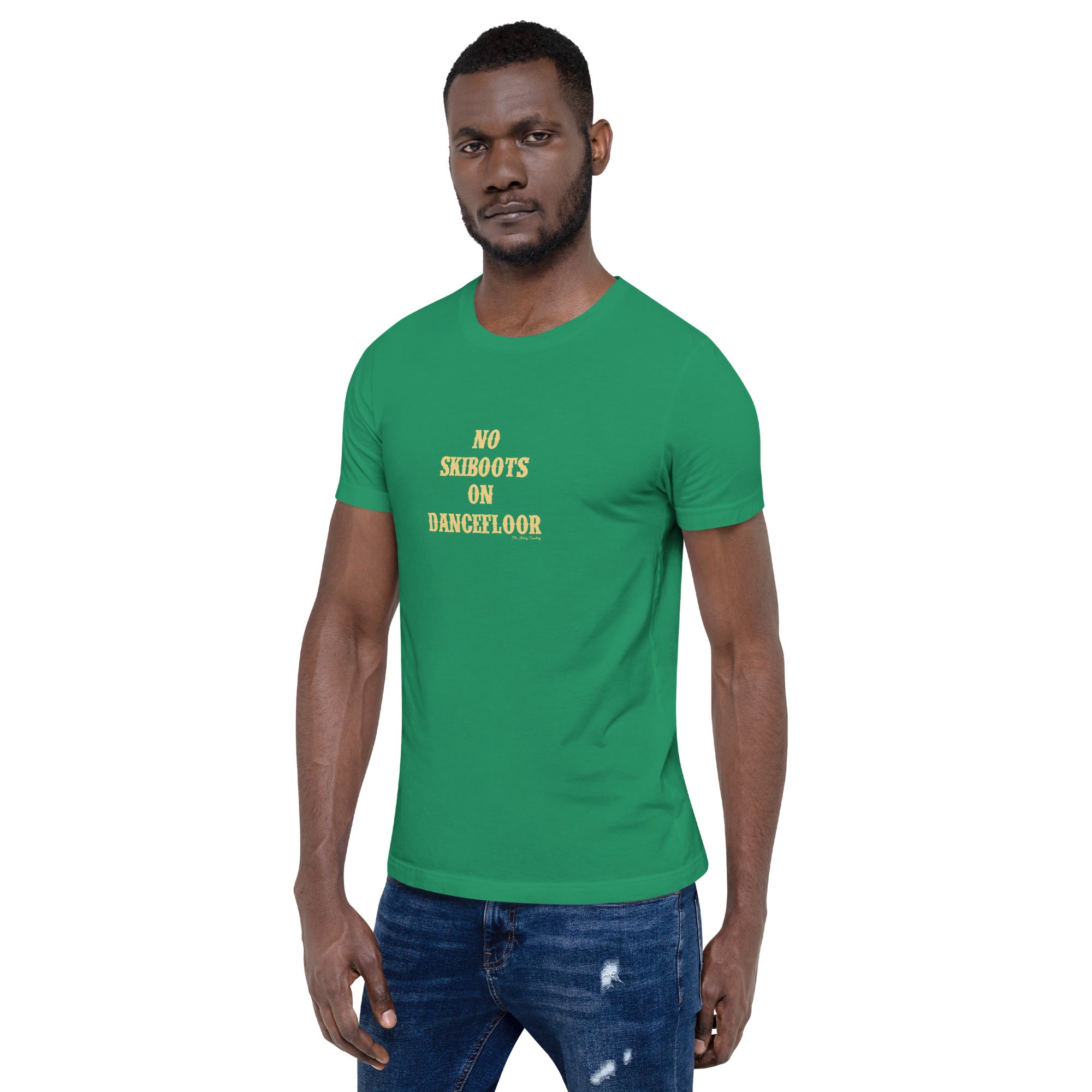 T-shirt en coton unisexe No Skiboots on Dancefloor sur couleurs foncées