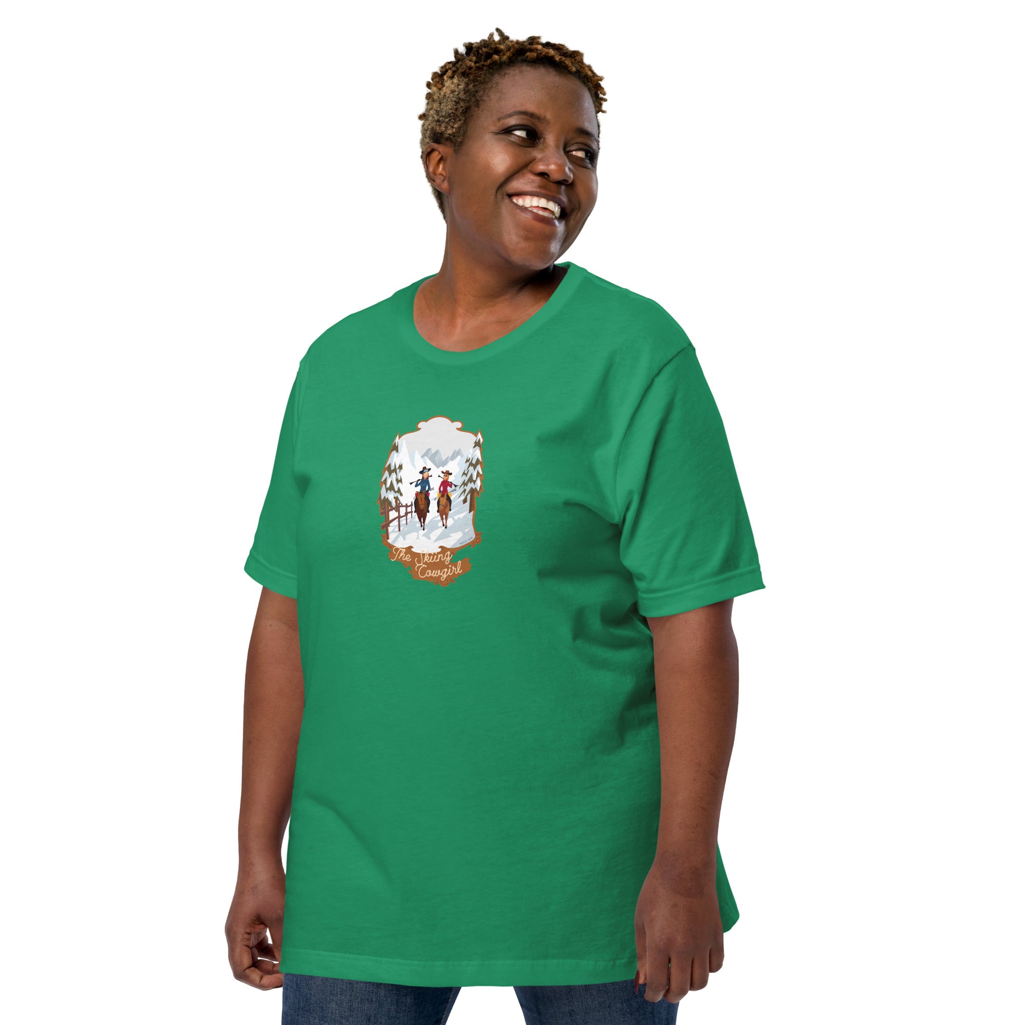 T-shirt en coton unisexe The Skiing Cowgirl sur couleurs foncées