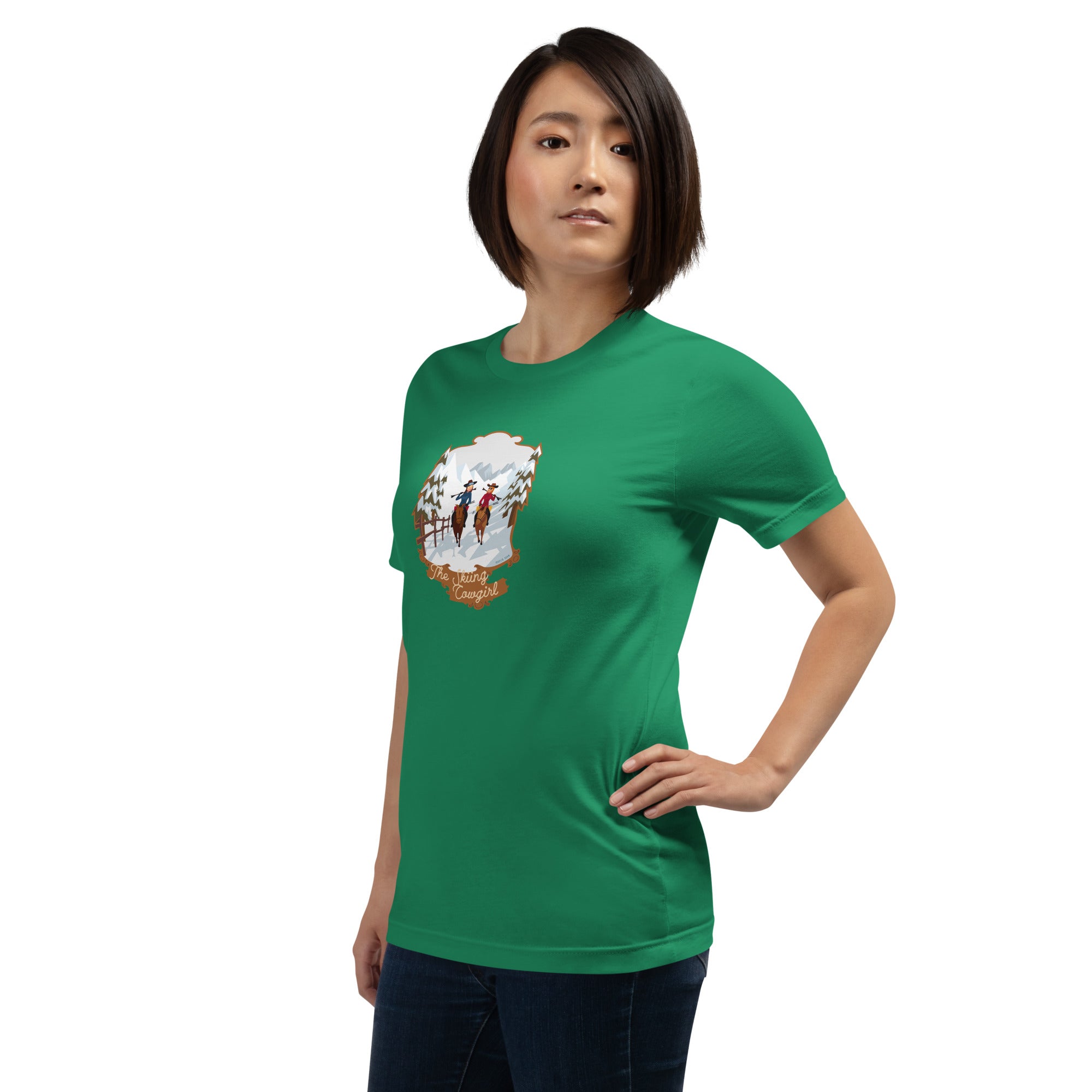 T-shirt en coton unisexe The Skiing Cowgirl sur couleurs foncées