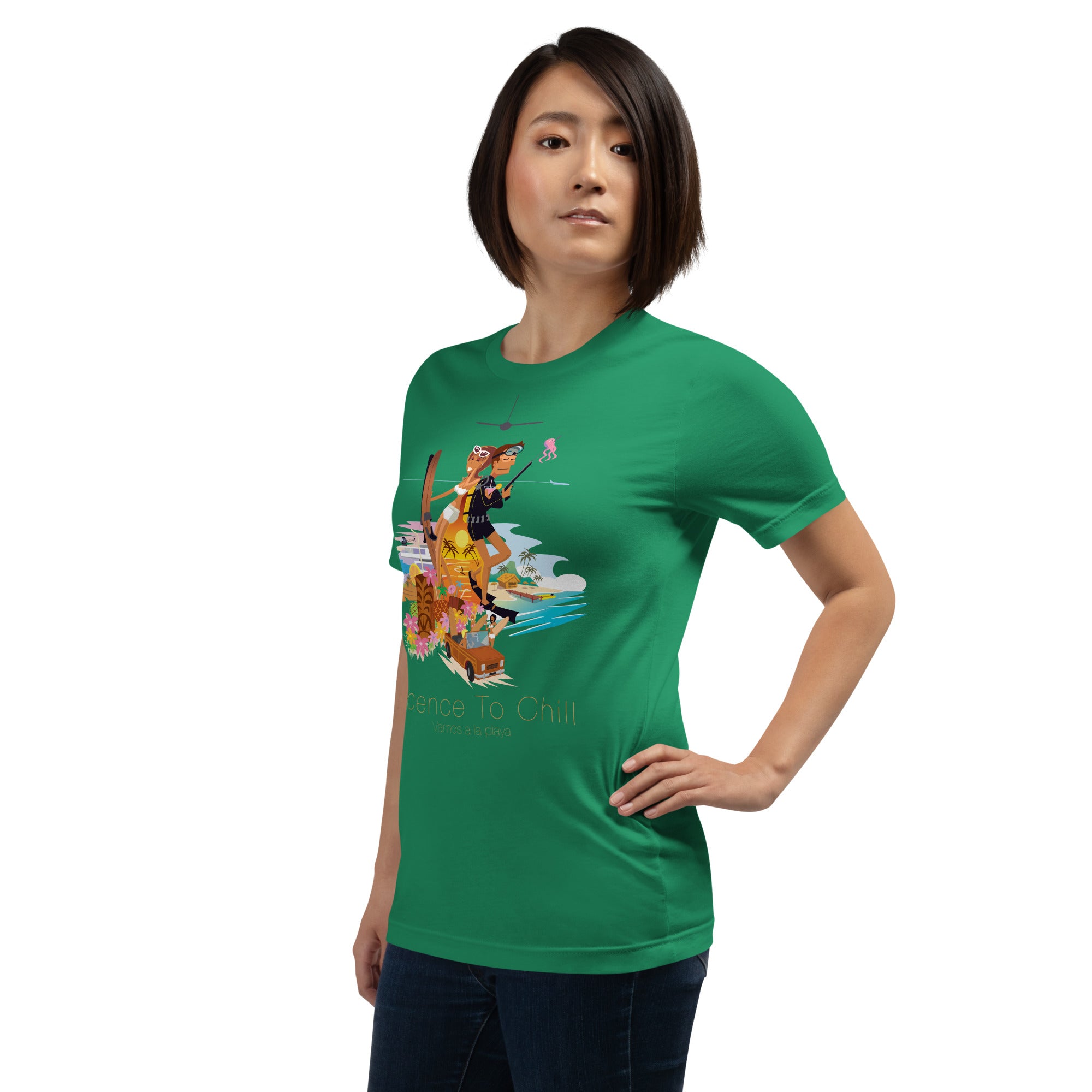 Unisex cotton t-shirt License to Chill Vamos a la Playa on Green
