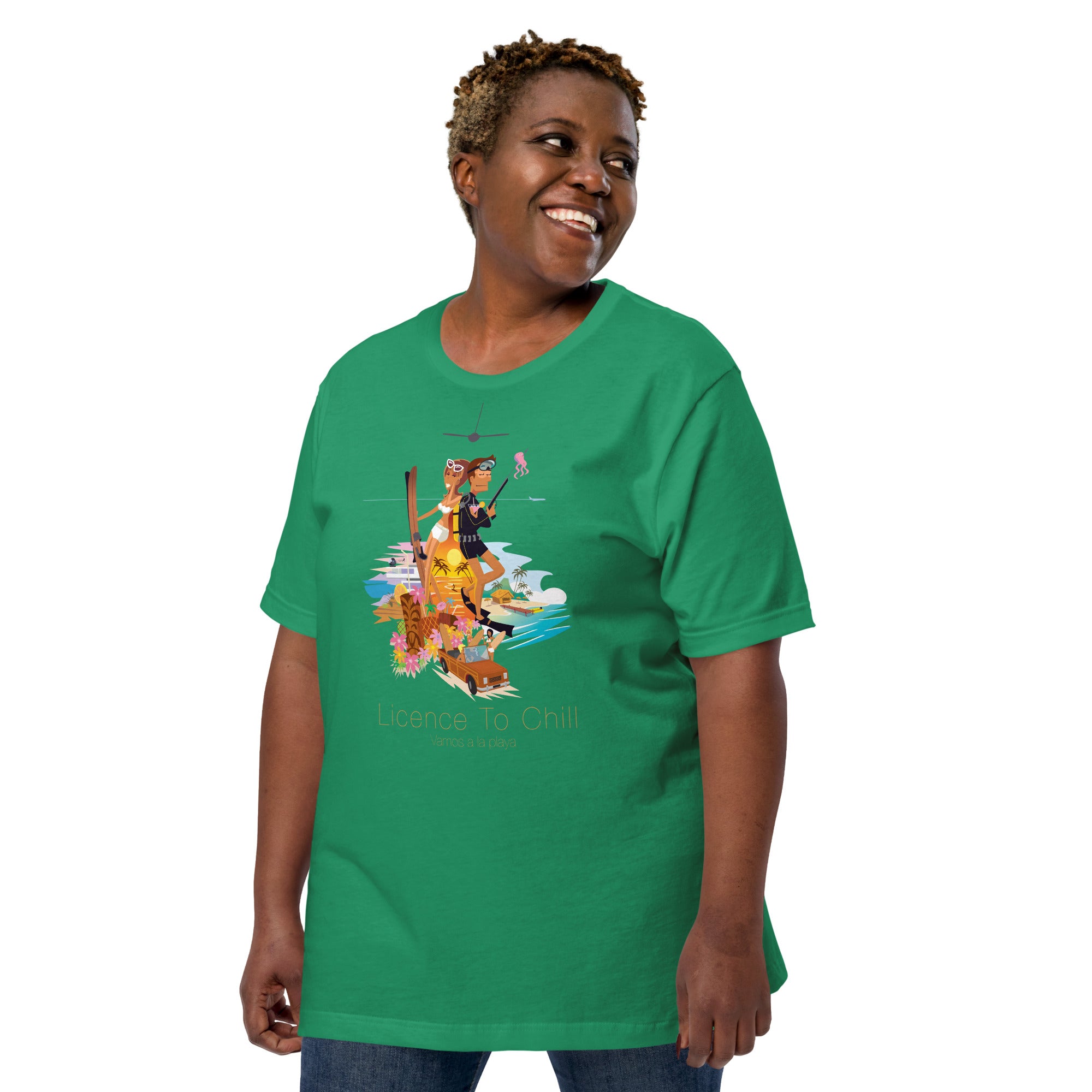 Unisex cotton t-shirt License to Chill Vamos a la Playa on Green