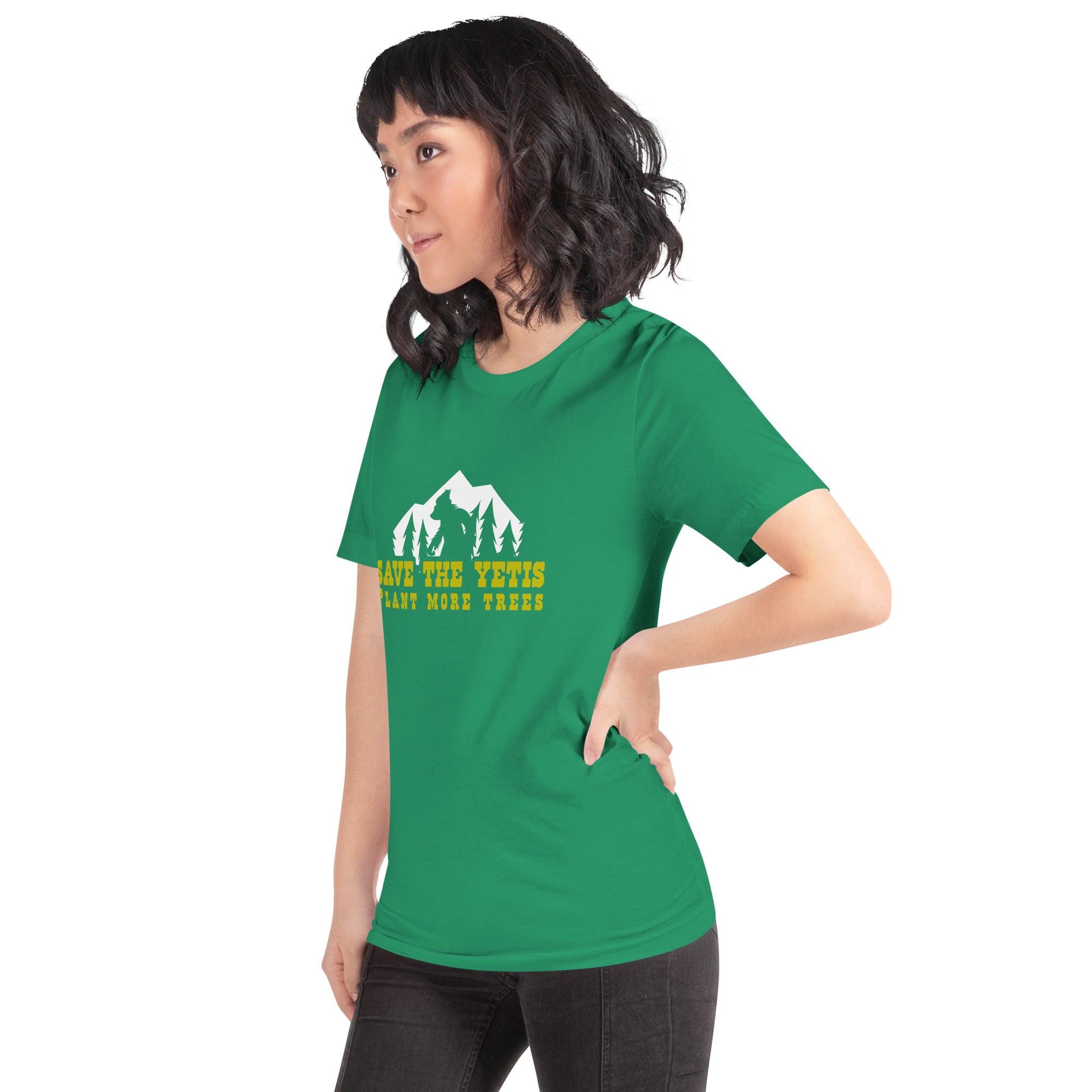 Unisex cotton t-shirt Save the Yetis Plant more Trees on Green (front & back)