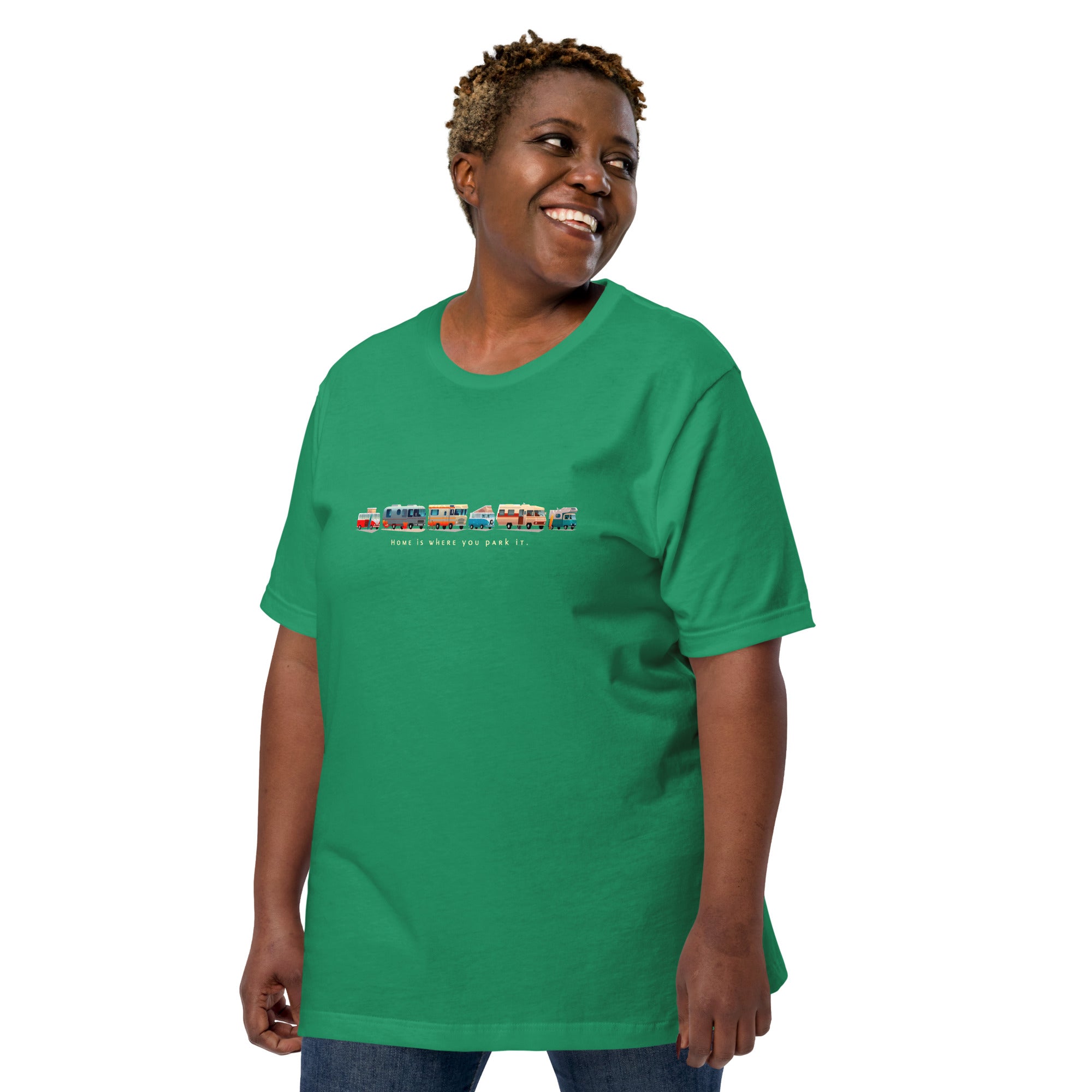 Unisex cotton t-shirt Vintage Campers: Home is where you park it on green