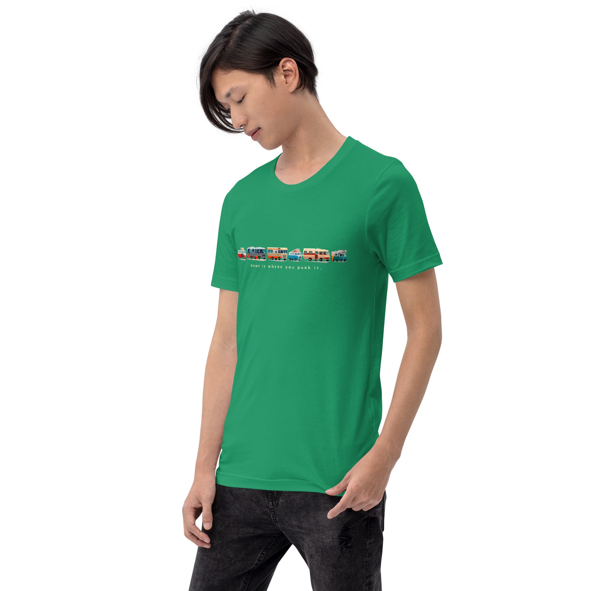 Unisex cotton t-shirt Vintage Campers: Home is where you park it on green