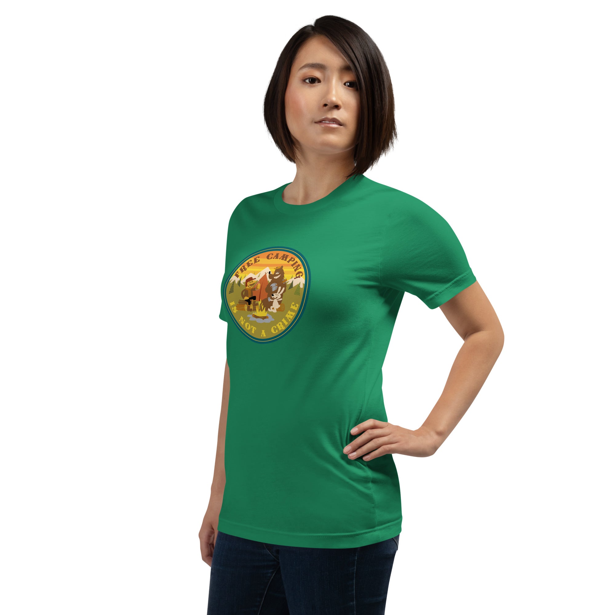 Unisex cotton t-shirt Free Camping is not a Crime on greens