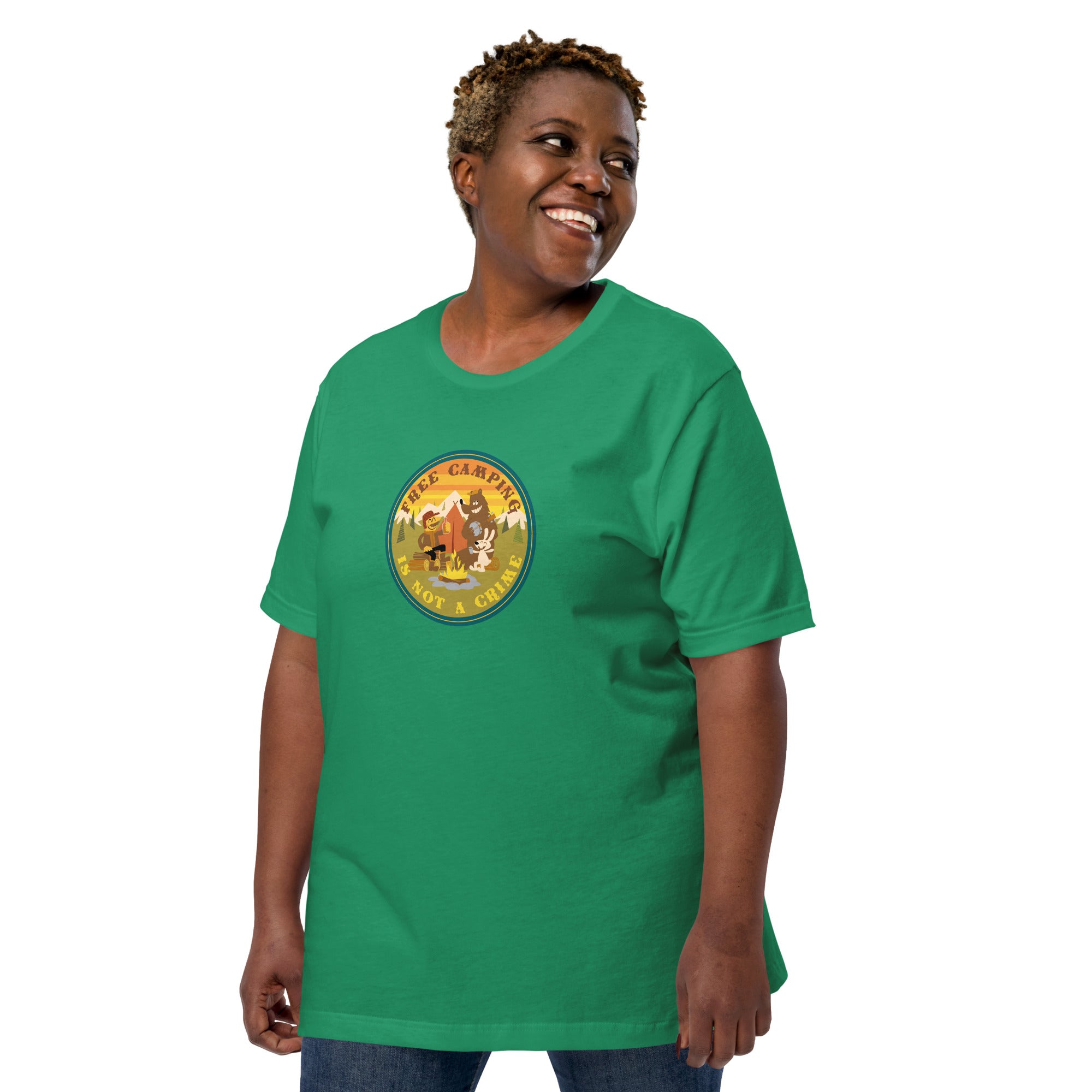 Unisex cotton t-shirt Free Camping is not a Crime on greens