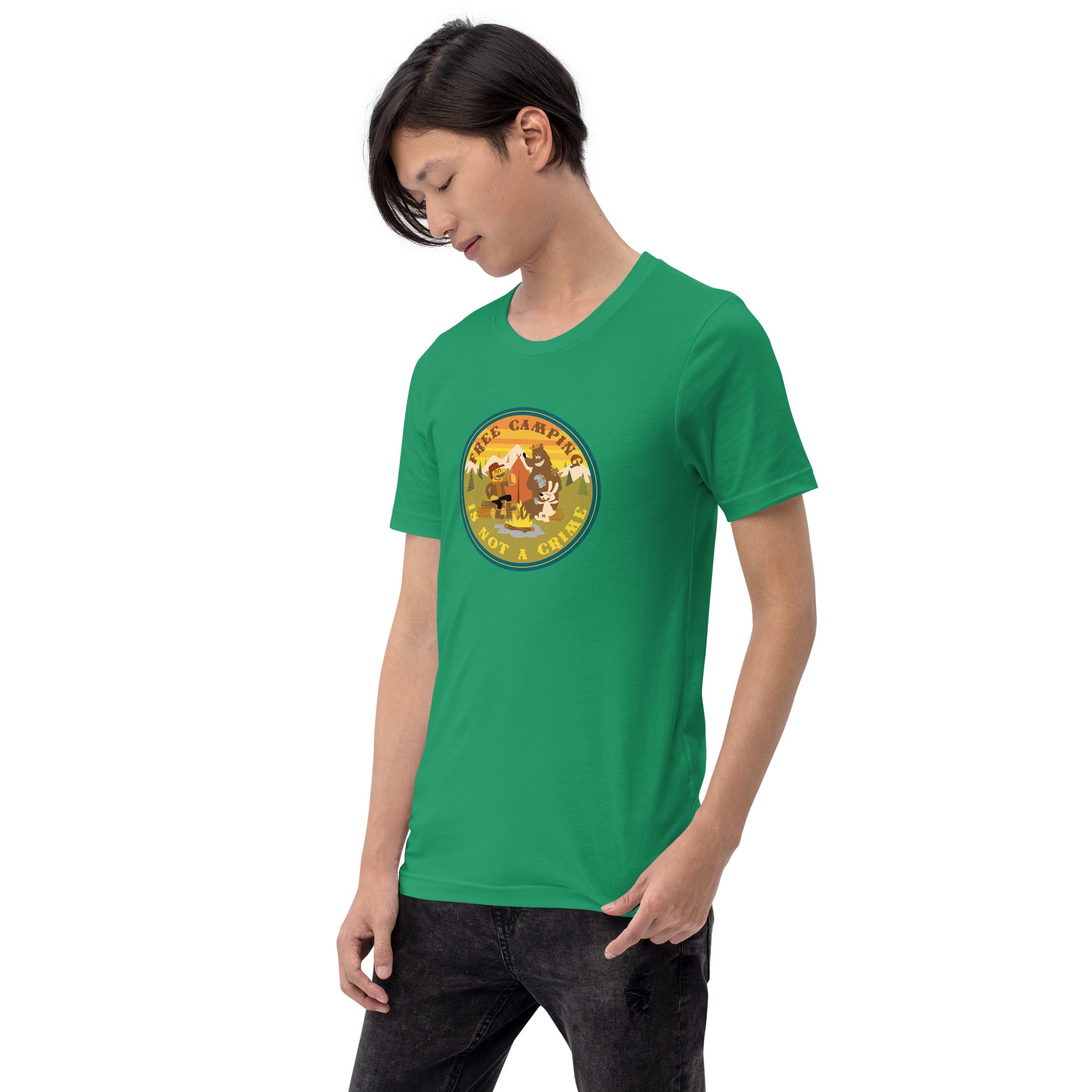 Unisex cotton t-shirt Free Camping is not a Crime on greens