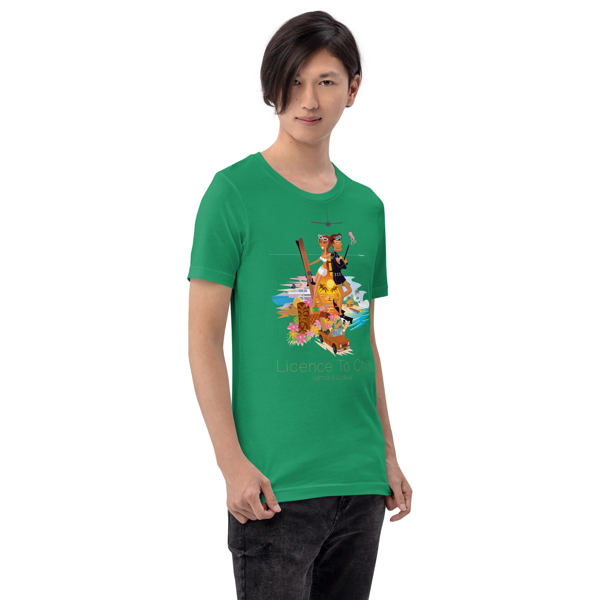 Unisex cotton t-shirt License to Chill Vamos a la Playa on Green