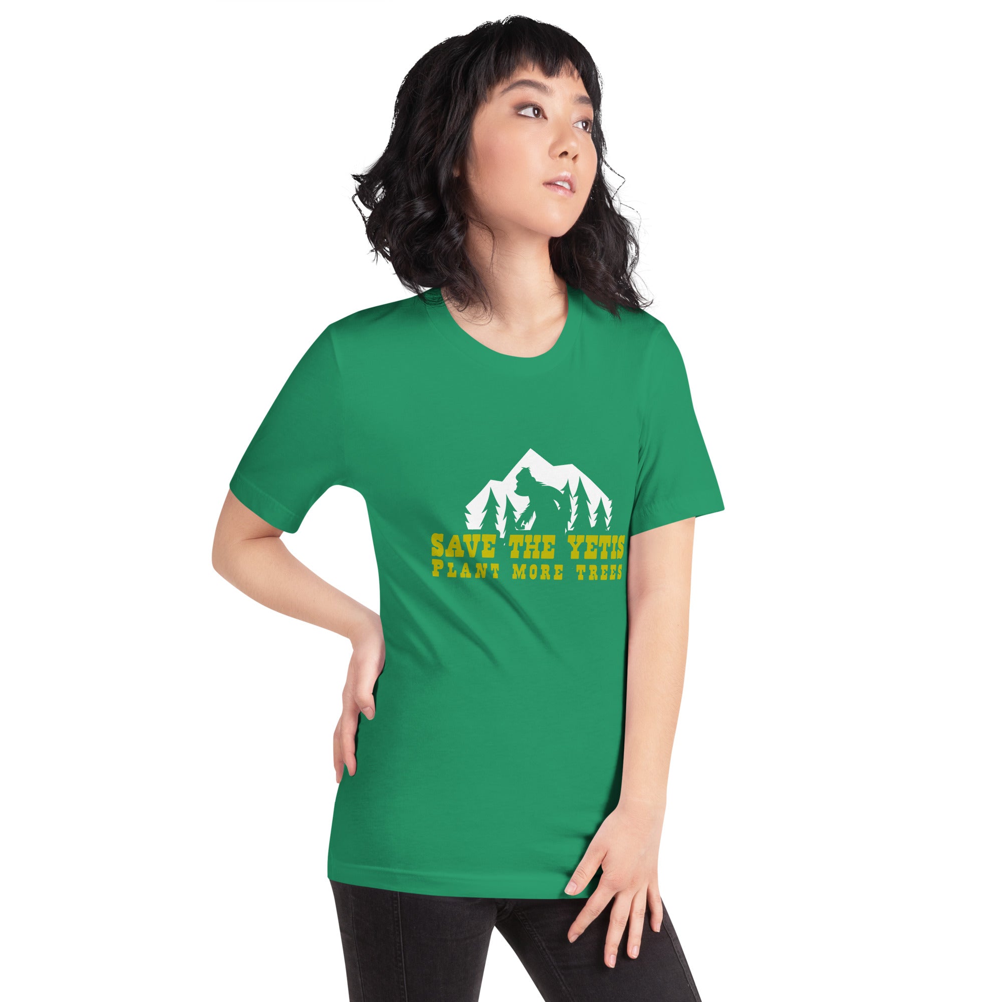 Unisex cotton t-shirt Save the Yetis Plant more Trees on Green (front & back)