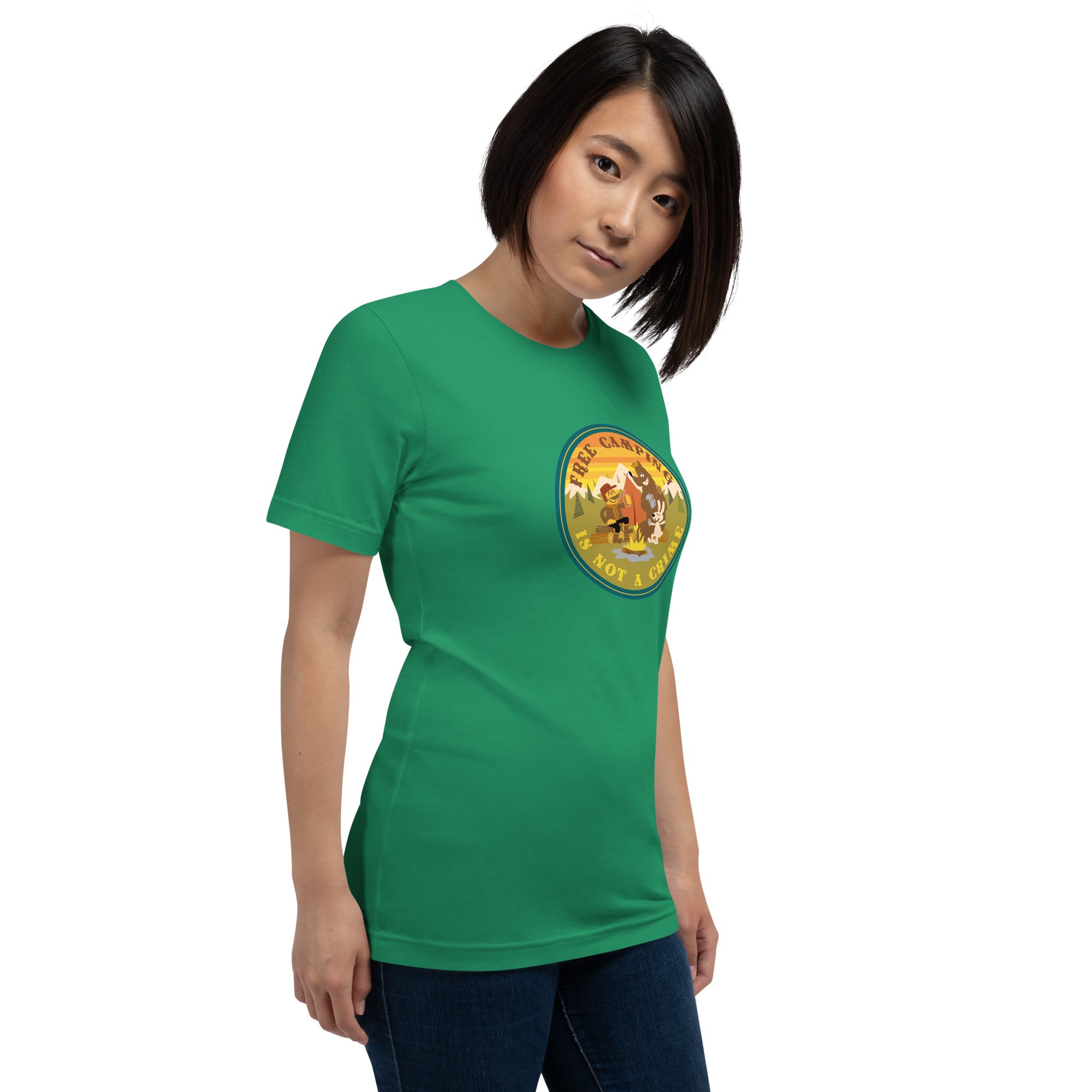 Unisex cotton t-shirt Free Camping is not a Crime on greens