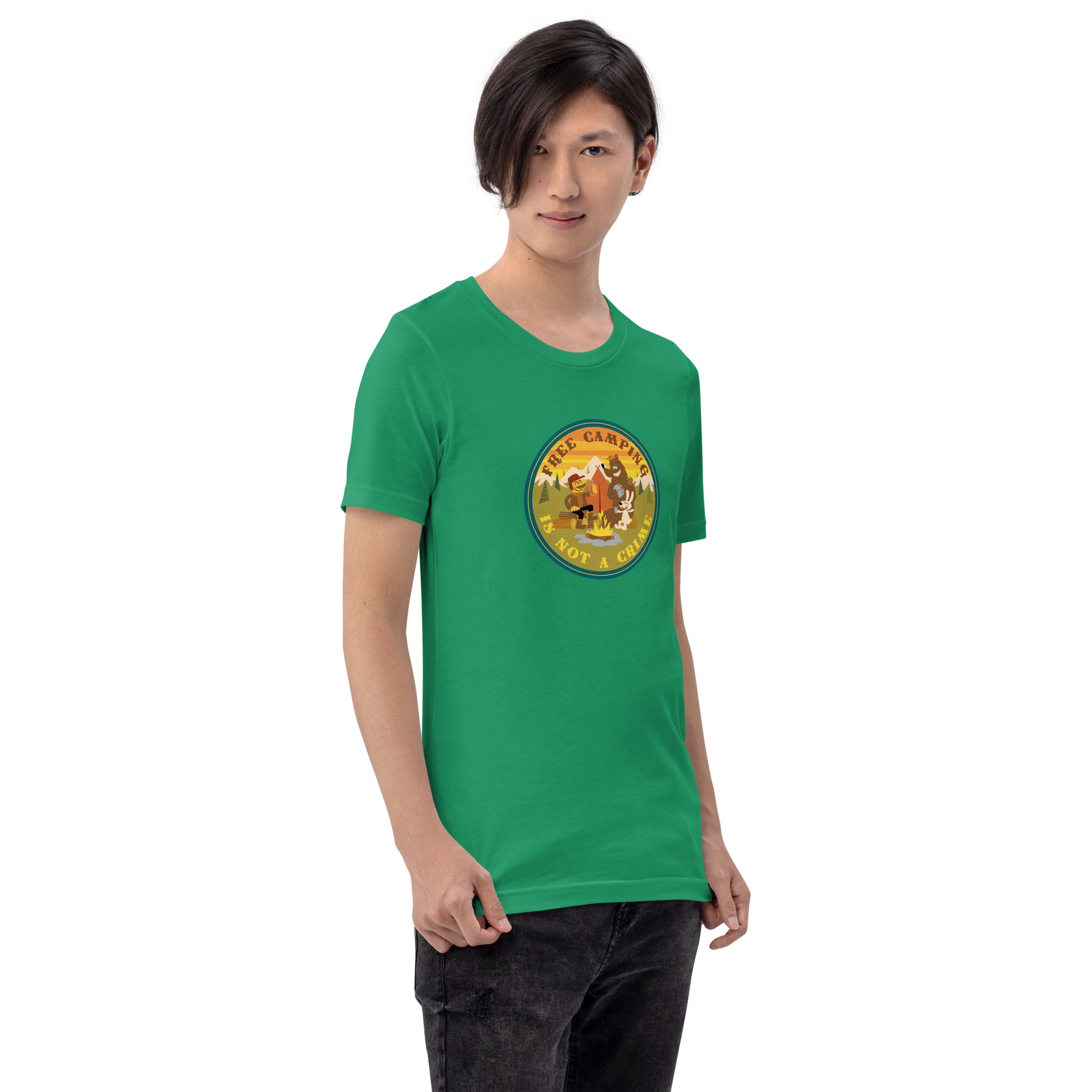 Unisex cotton t-shirt Free Camping is not a Crime on greens