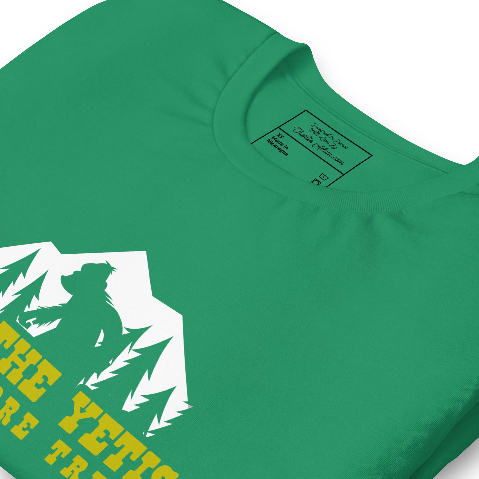 Unisex cotton t-shirt Save the Yetis Plant more Trees on Green (front & back)