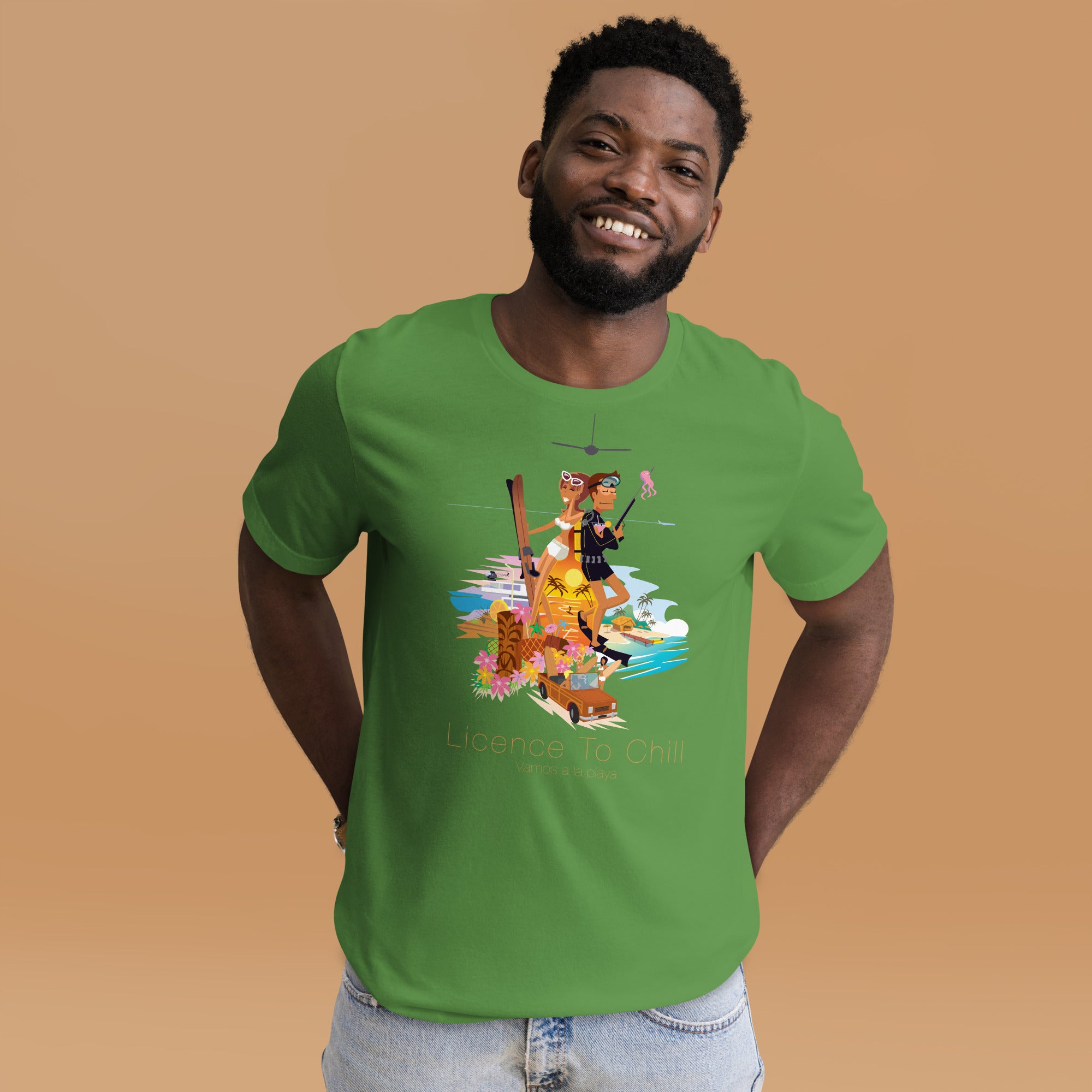 Unisex cotton t-shirt License to Chill Vamos a la Playa on Green