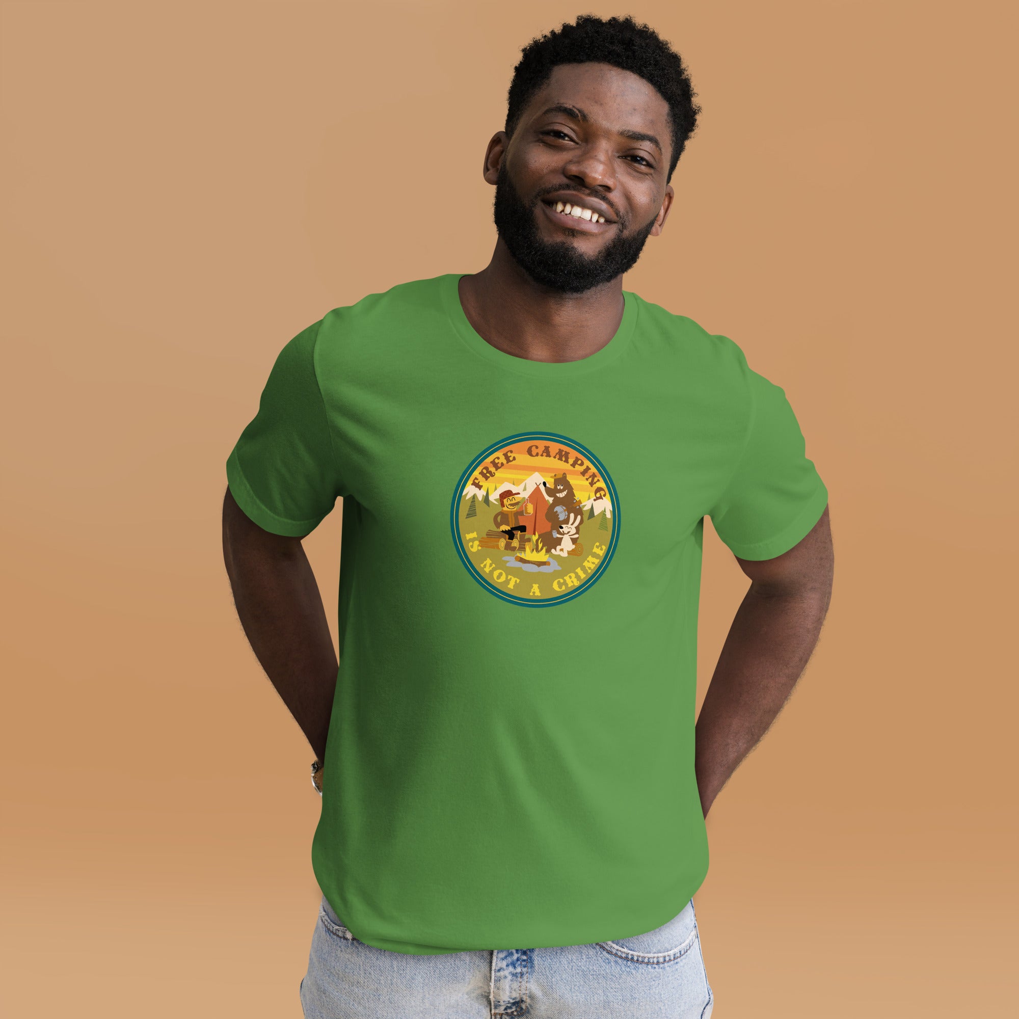 Unisex cotton t-shirt Free Camping is not a Crime on greens