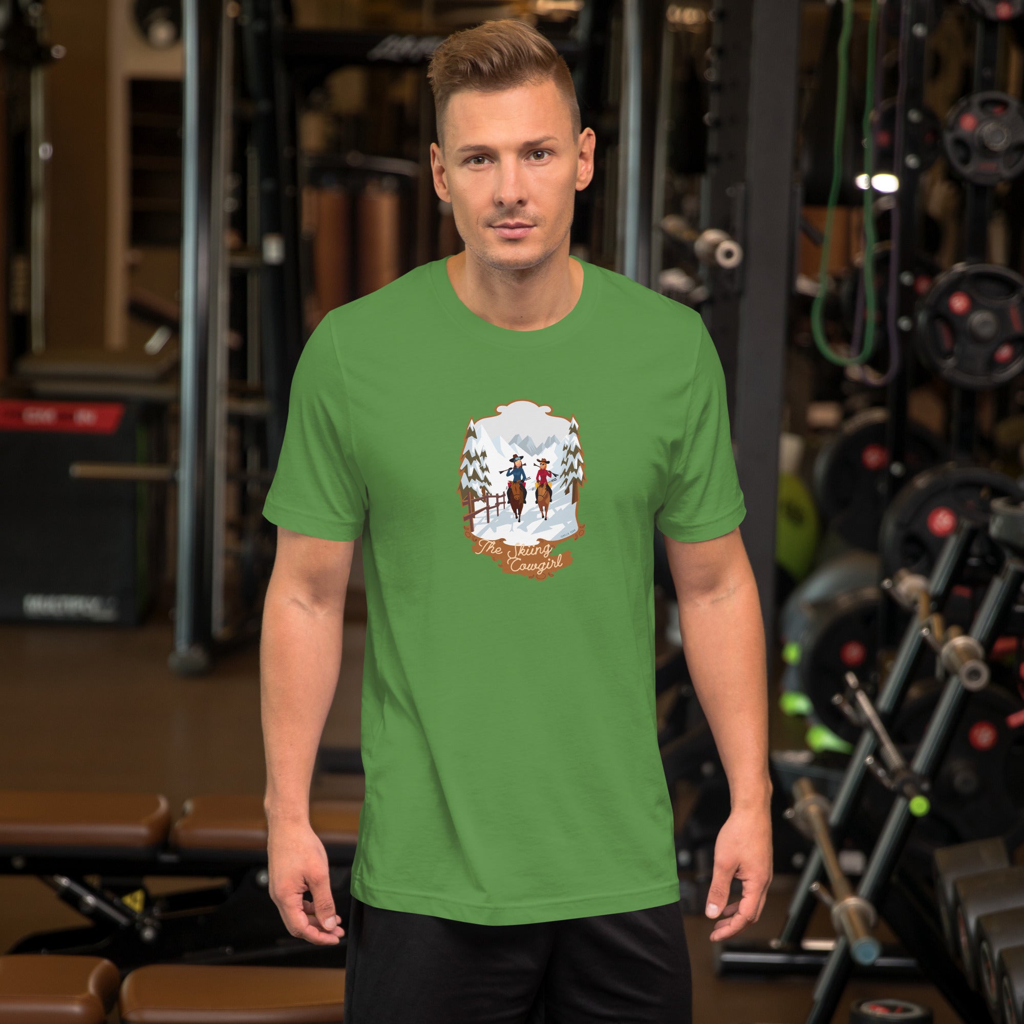 T-shirt en coton unisexe The Skiing Cowgirl sur couleurs foncées