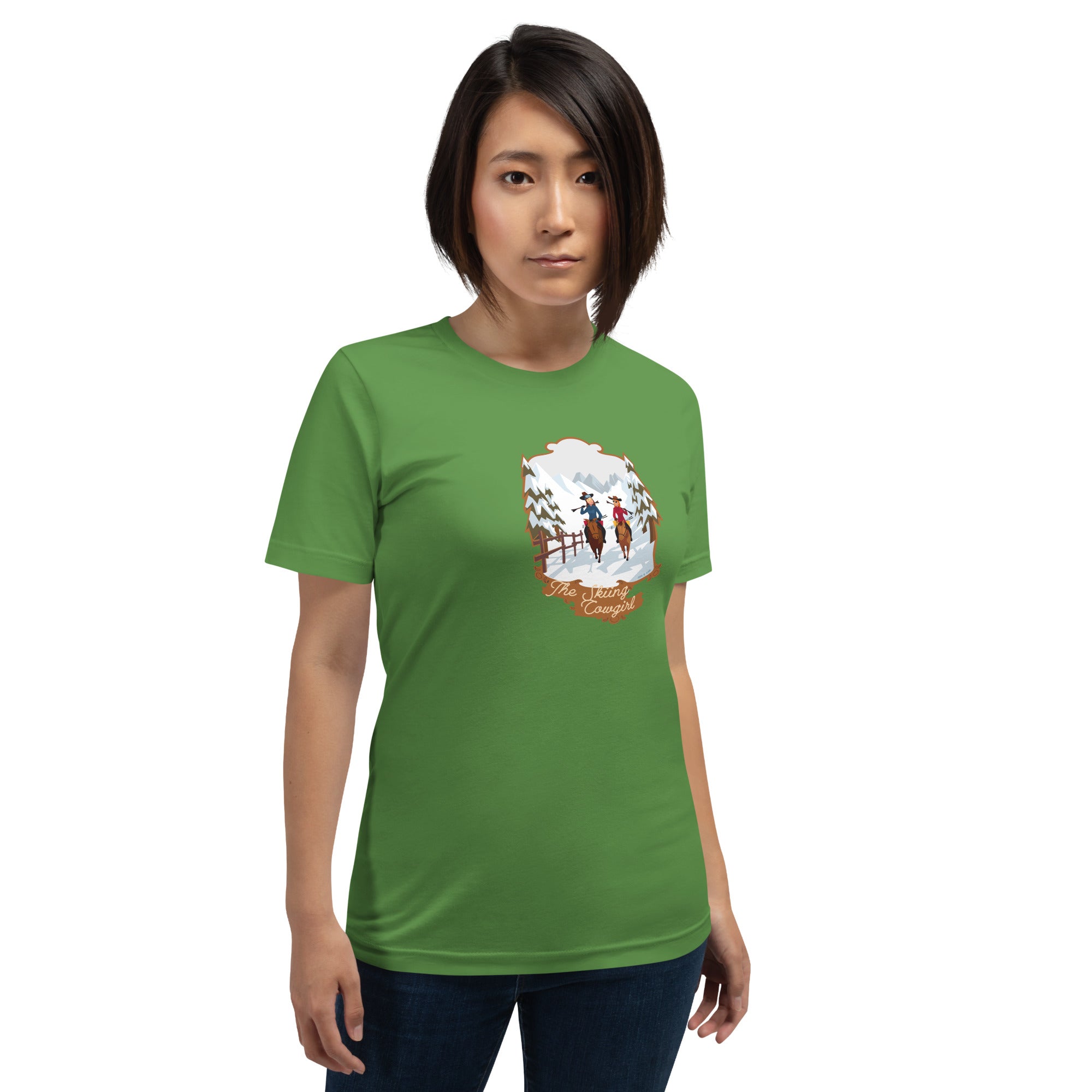 T-shirt en coton unisexe The Skiing Cowgirl sur couleurs foncées
