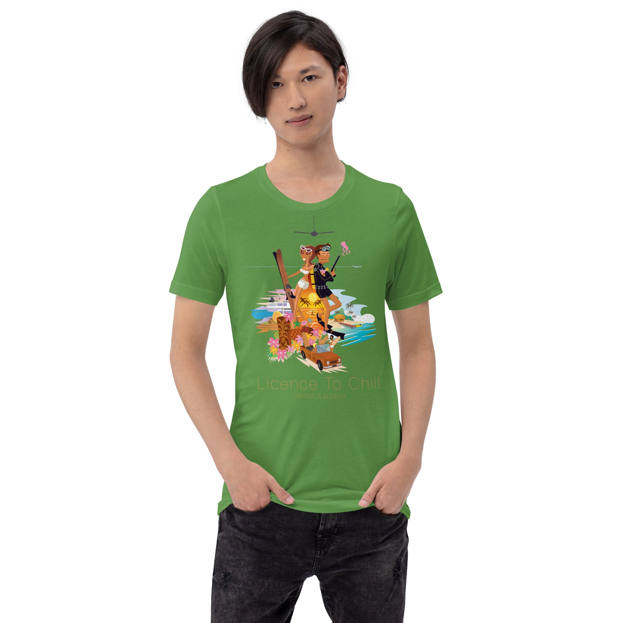 Unisex cotton t-shirt License to Chill Vamos a la Playa on Green