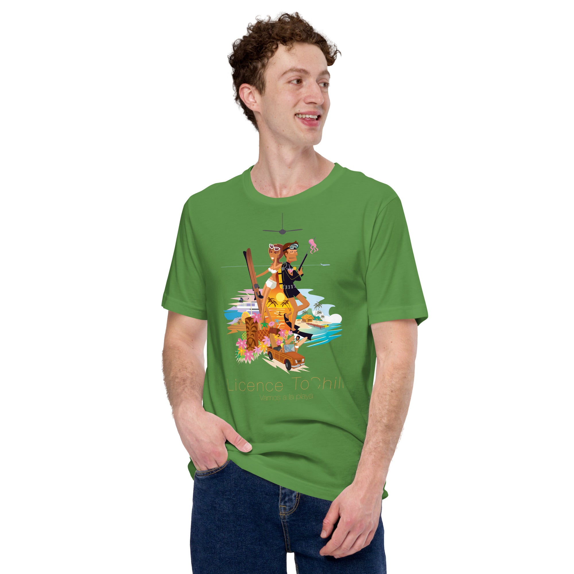 Unisex cotton t-shirt License to Chill Vamos a la Playa on Green