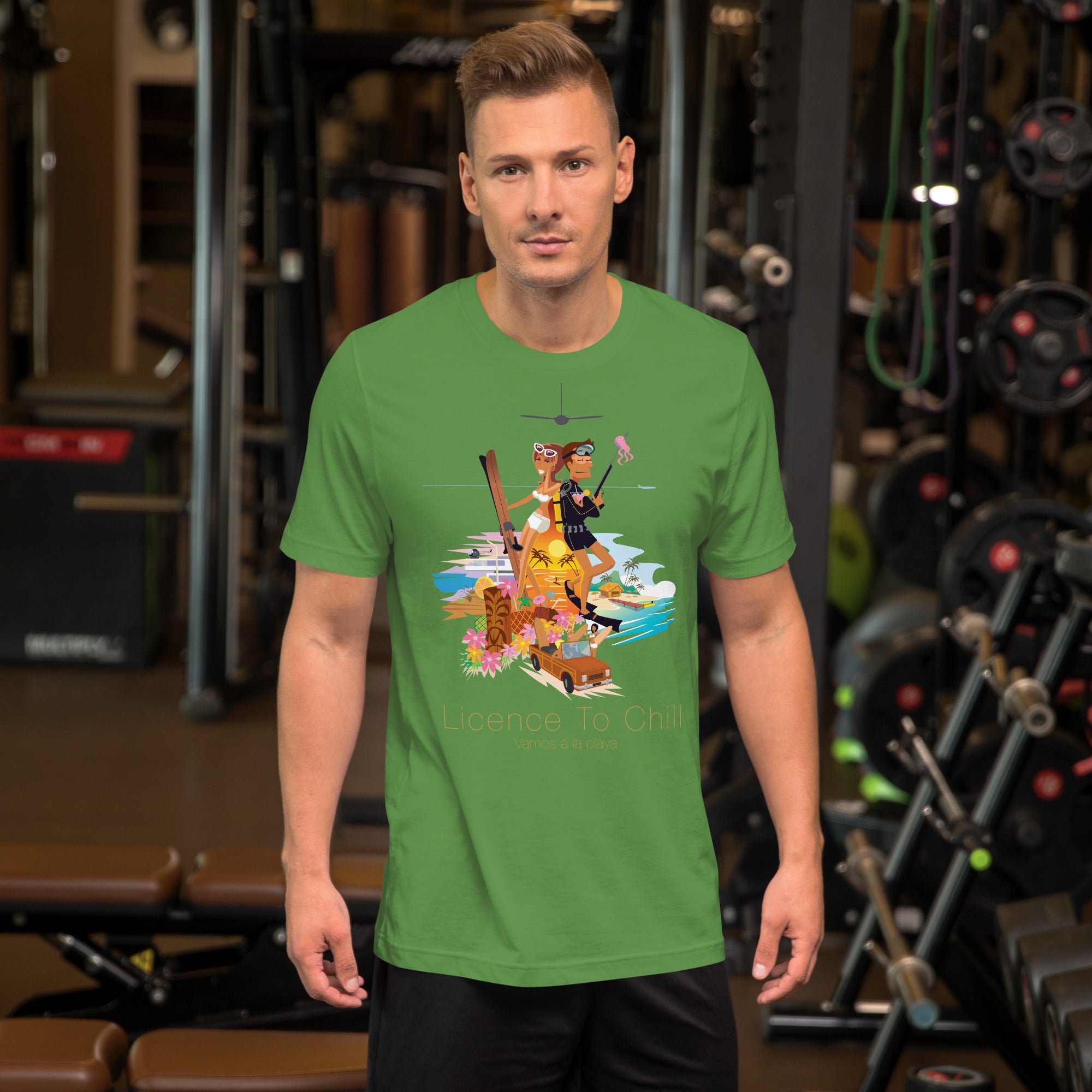 Unisex cotton t-shirt License to Chill Vamos a la Playa on Green
