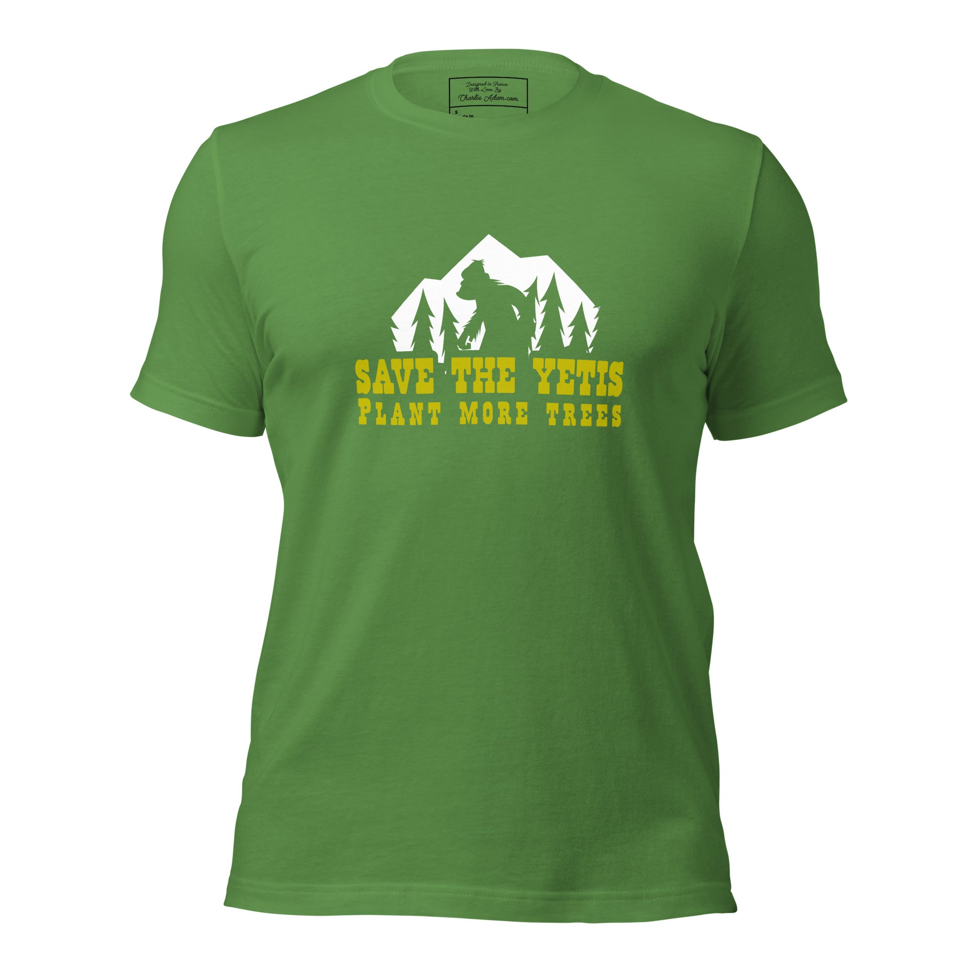 Unisex cotton t-shirt Save the Yetis Plant more Trees on Green (front & back)