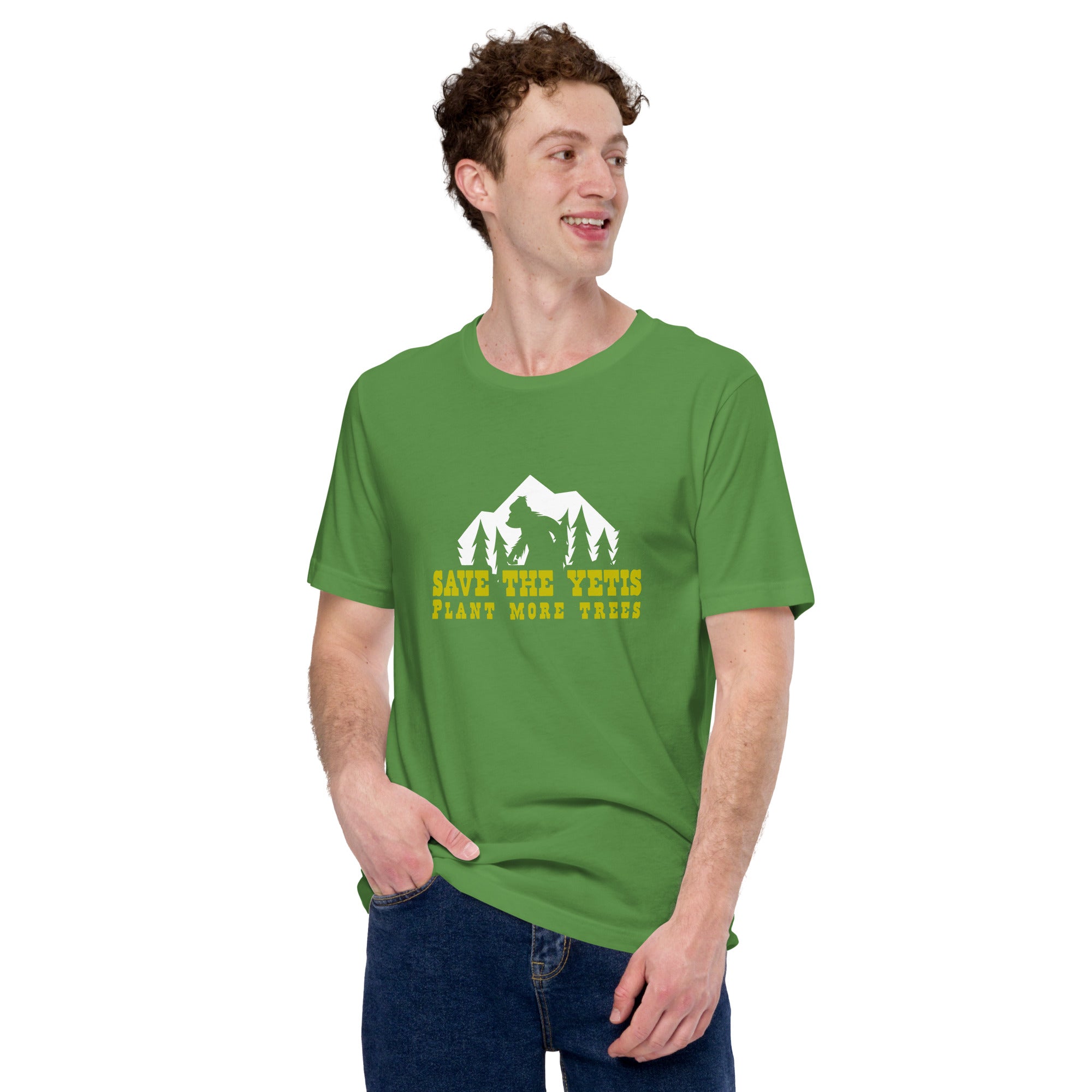 Unisex cotton t-shirt Save the Yetis Plant more Trees on Green (front & back)