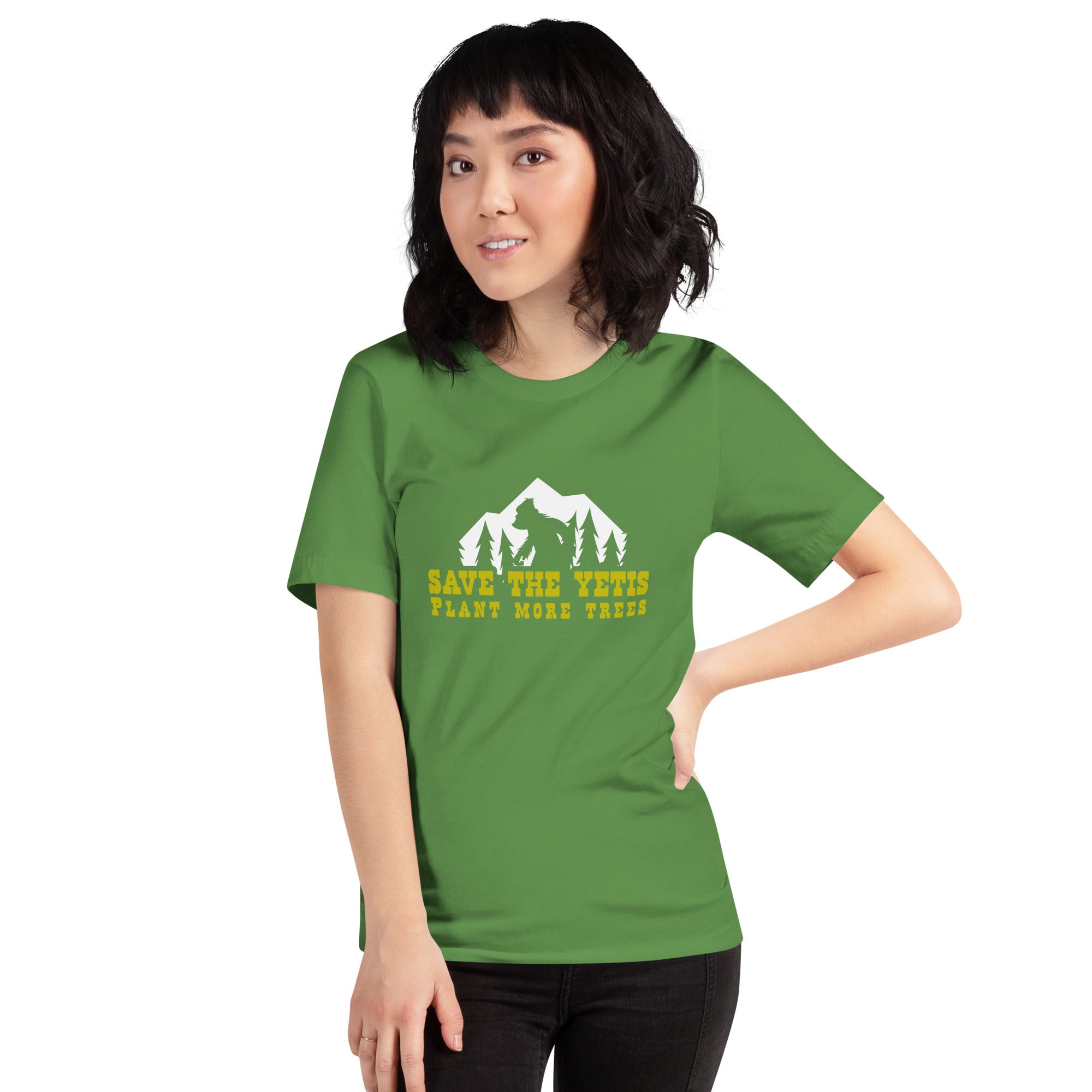 Unisex cotton t-shirt Save the Yetis Plant more Trees on Green (front & back)